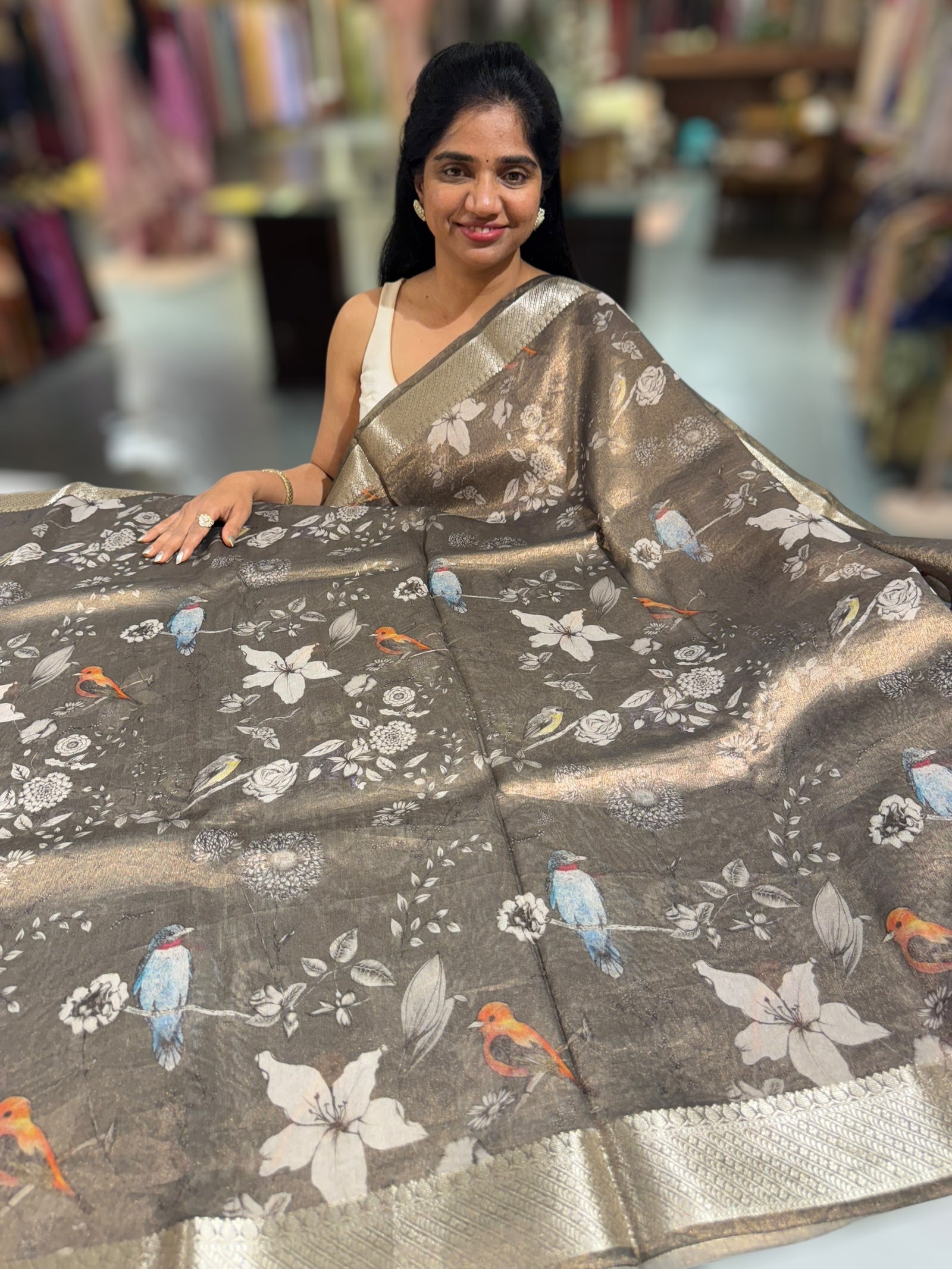 Dark Olive/ Deep mehendi Green Printed Banarasi Cotton Tissue