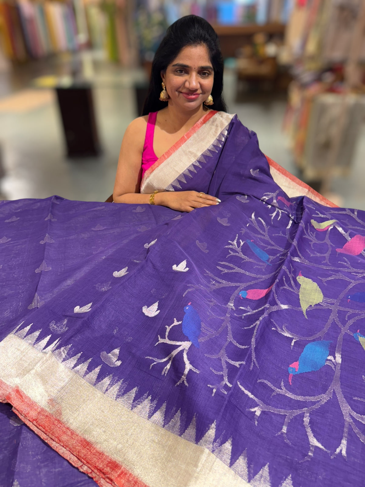 Violet Pure  handloom Ponduru Khadi jamdani Saree with heavy pallu
