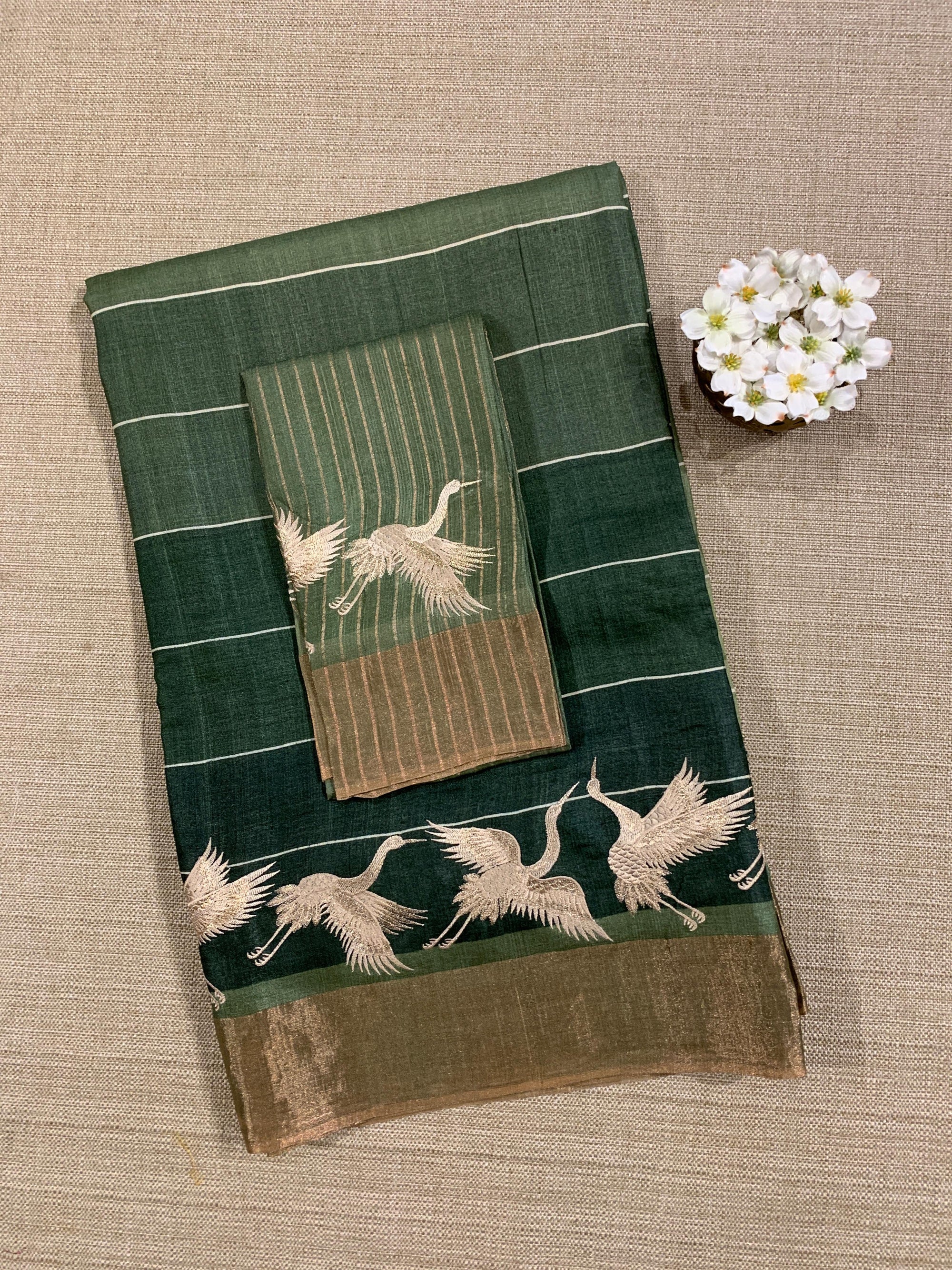 Tussar Rangkaat Saree With Crane Bird  Embroidered Border