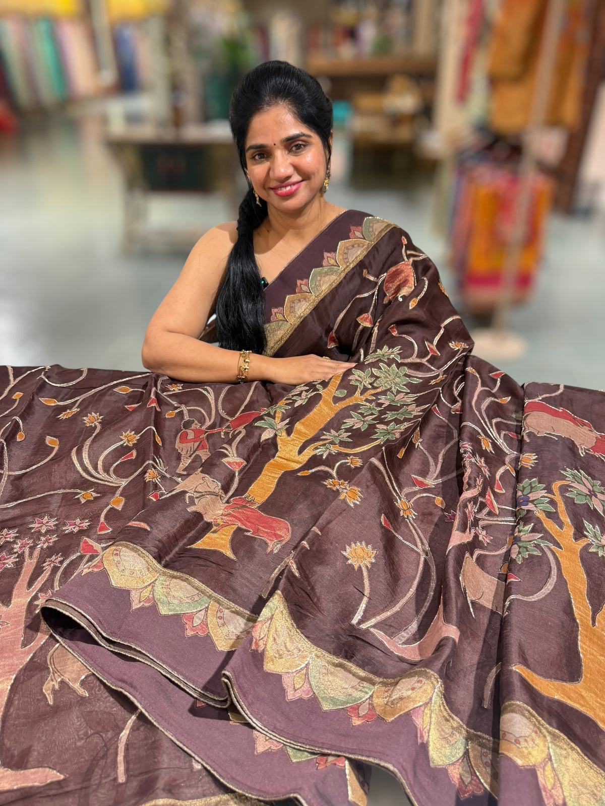 Brown Designer Organza Saree with Stunning Tissue Applique work Saree with Village theme