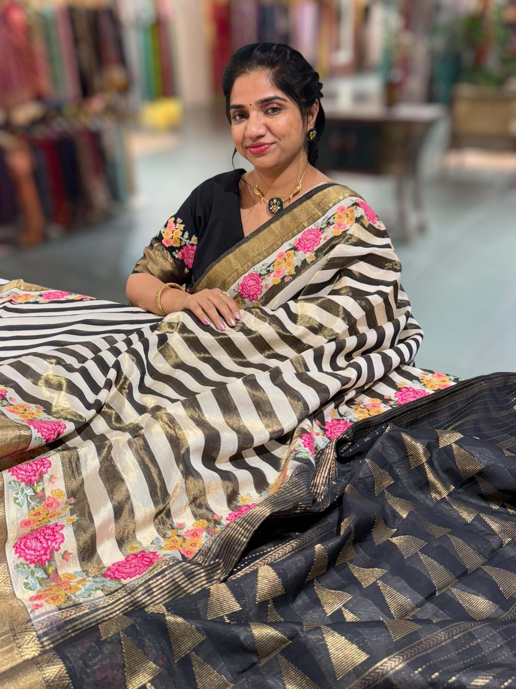 Chanderi Tissue Saree with petite point emb