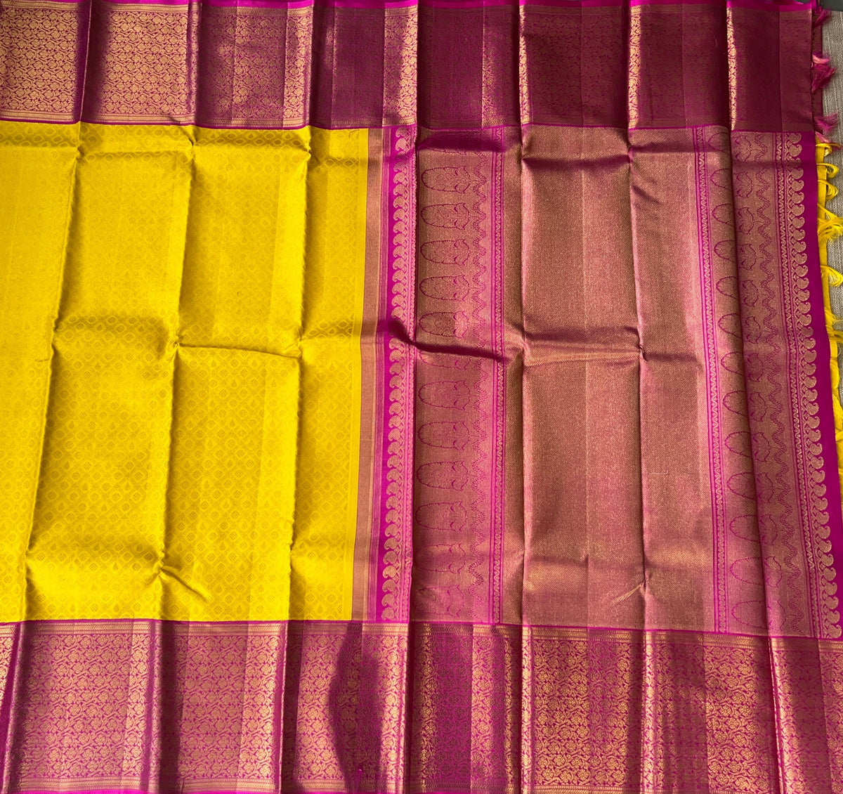 Yellow and Rani Pink Combo kanchi brocade designer kuttu border saree