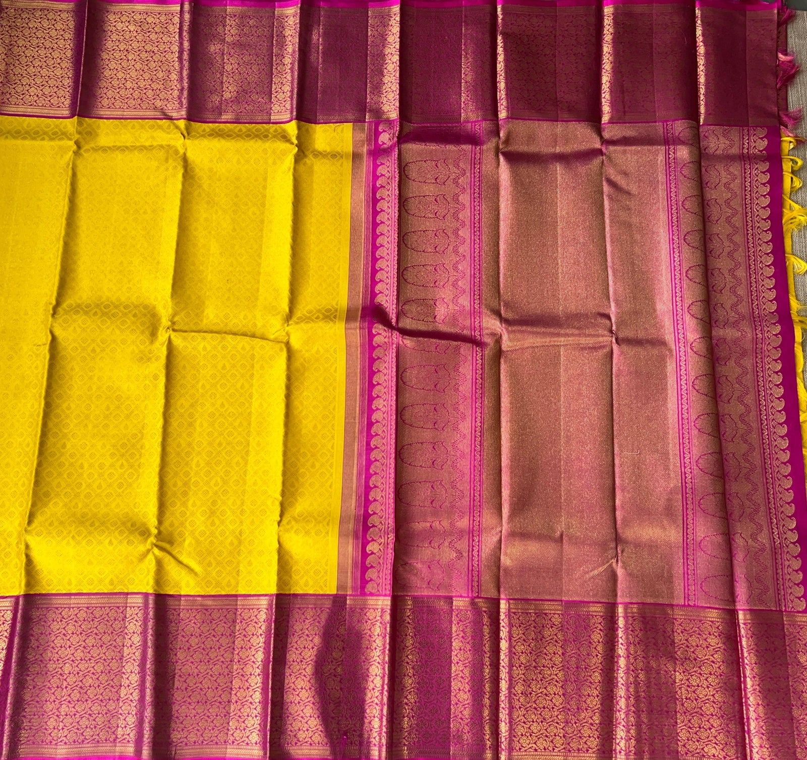 Yellow and Rani Pink Combo kanchi brocade designer kuttu border saree