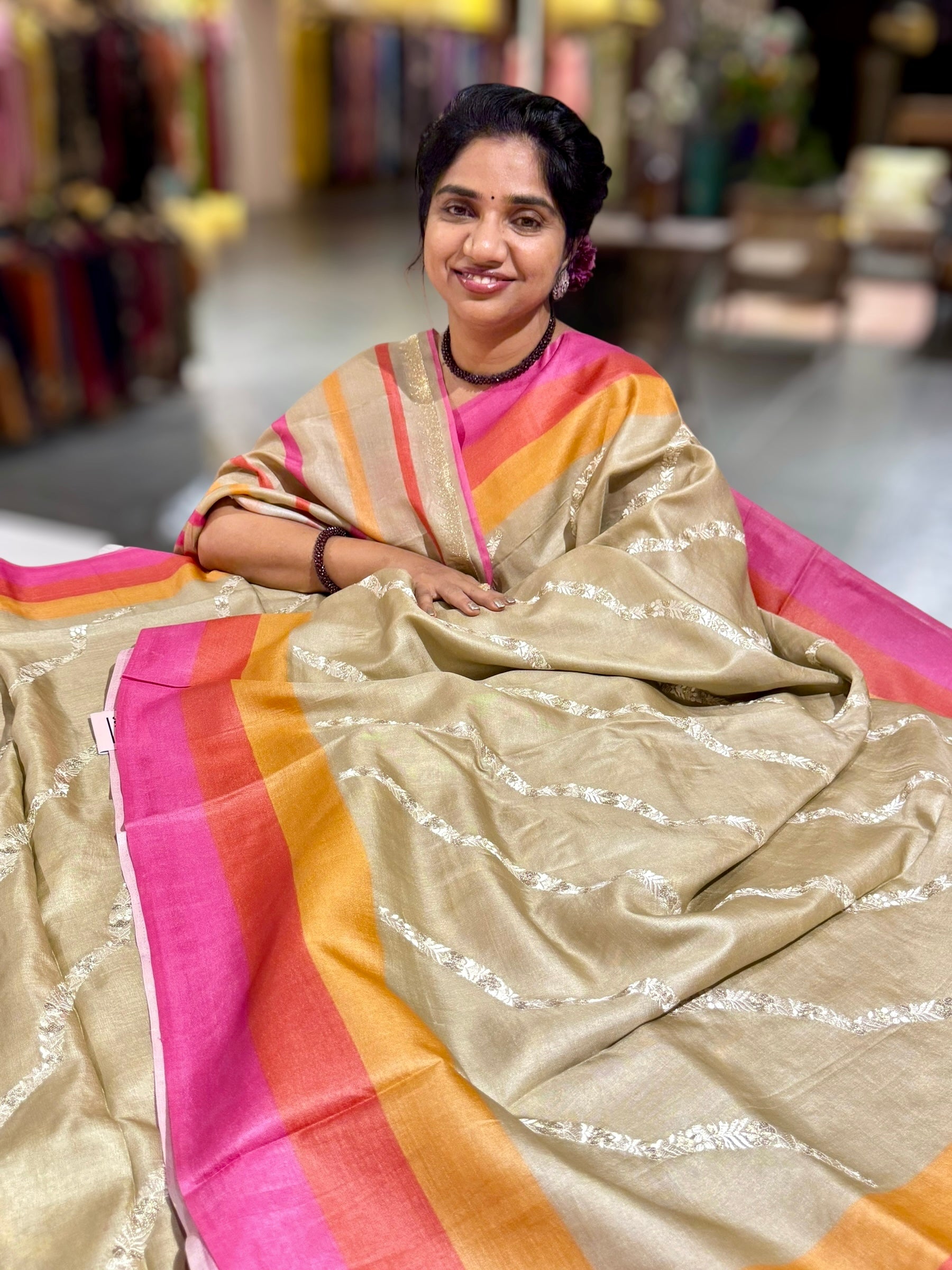 Golden Beige Embroidered Tussar Saree