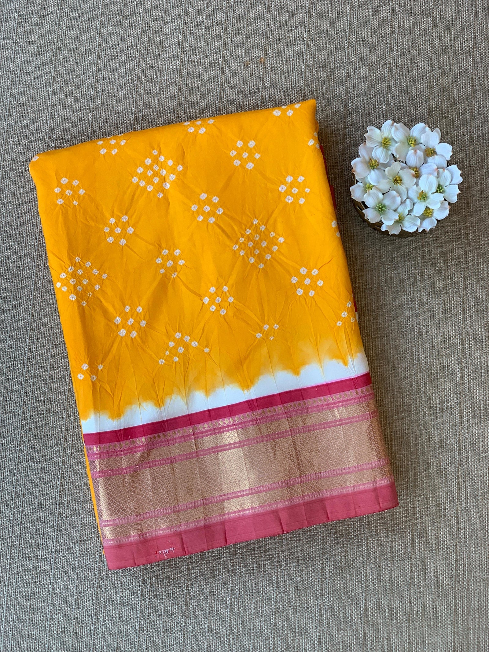 Yellow Pure handloom Bandhini paithani saree