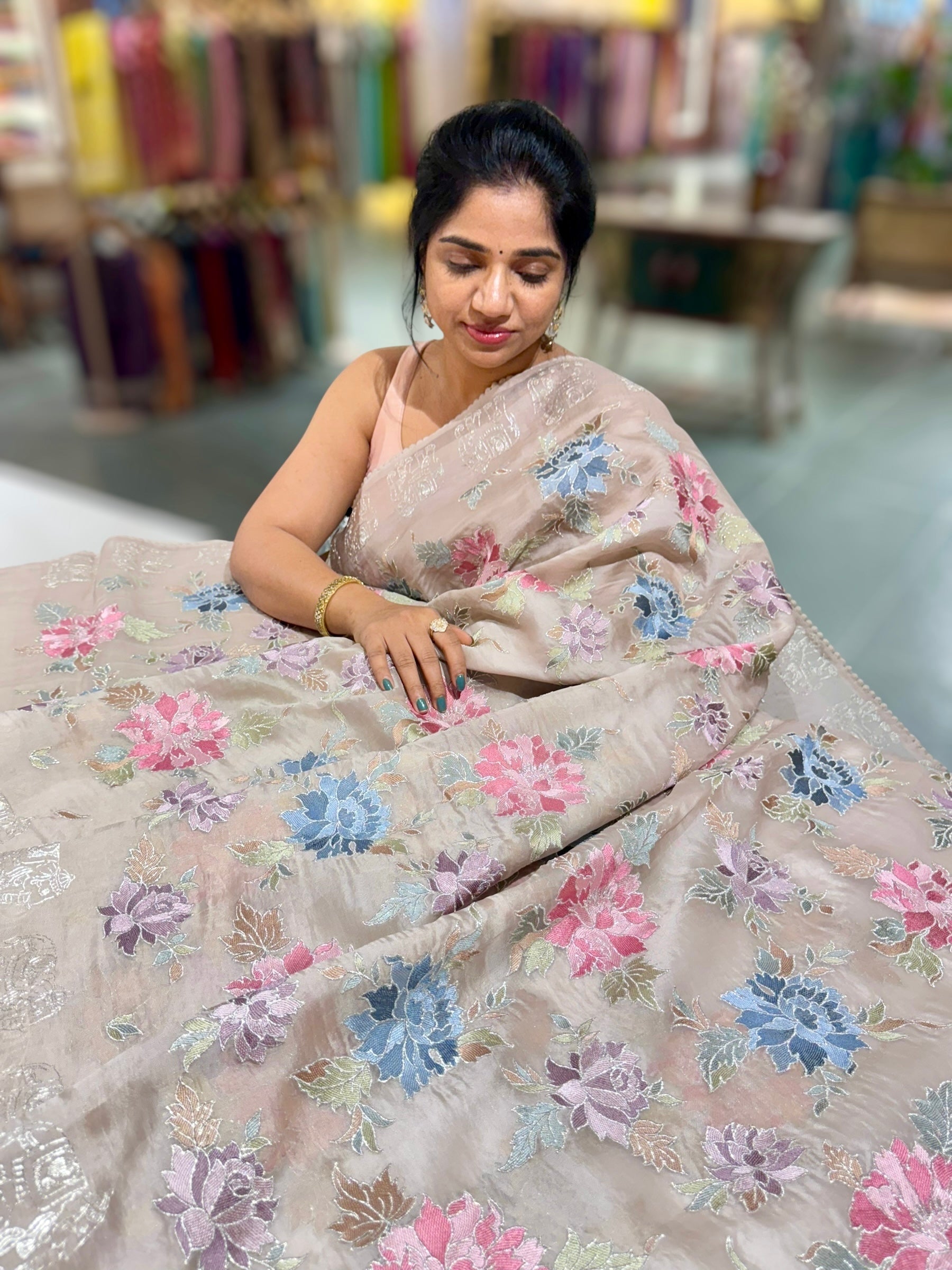 Taupe Organza Saree with Allover floral Thread Embroidery
