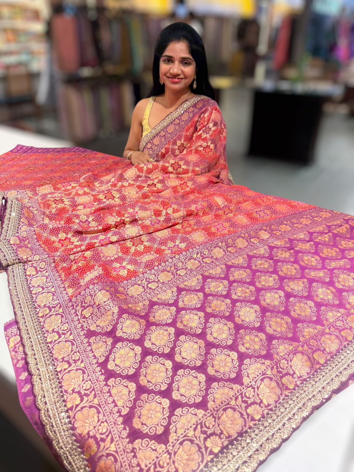 orangish Red & Wine Banarasi bandhini georgette