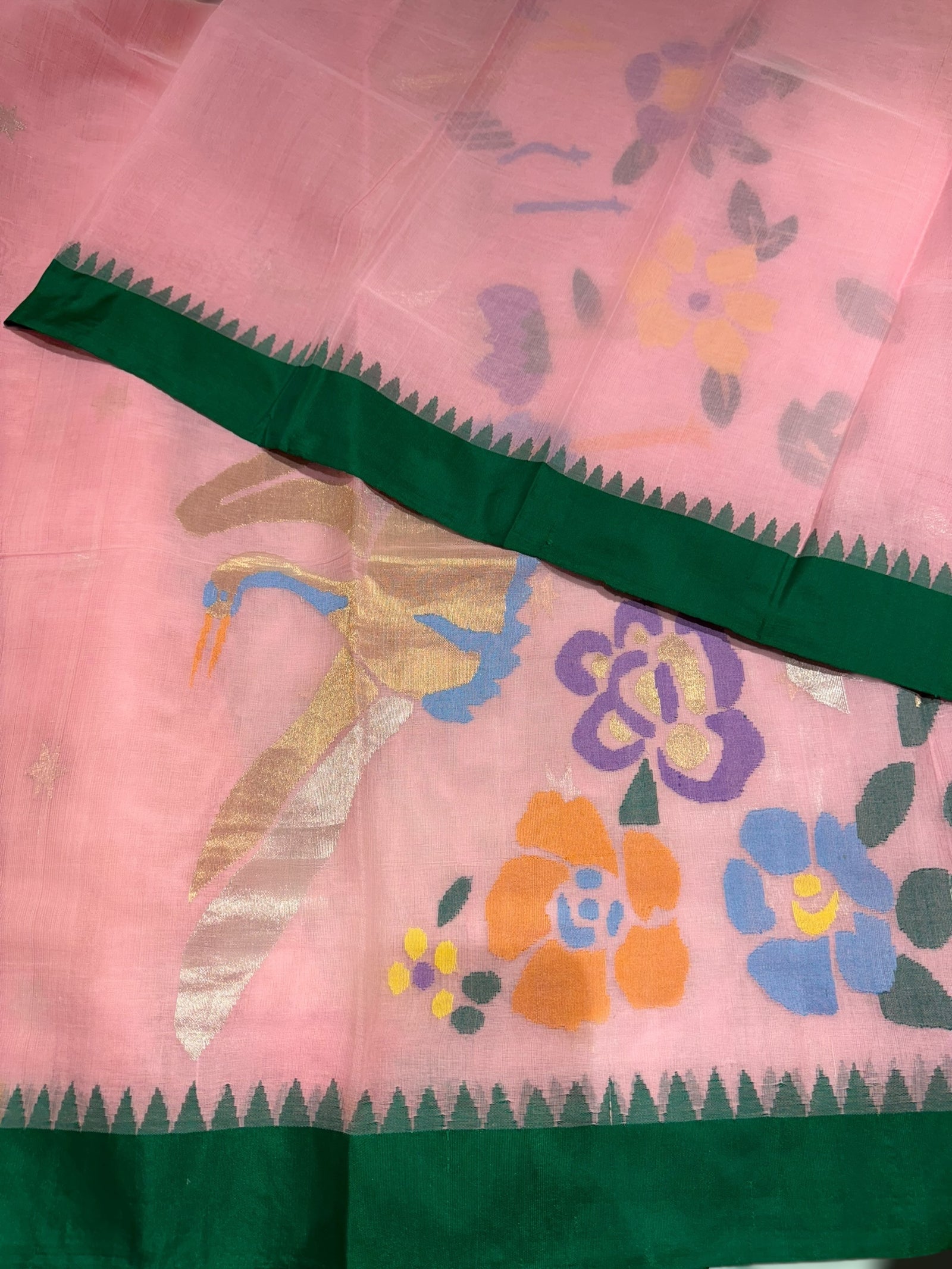 Lotus Pink Pure handloom Ponduru Khadi jamdani Saree with swan pallu