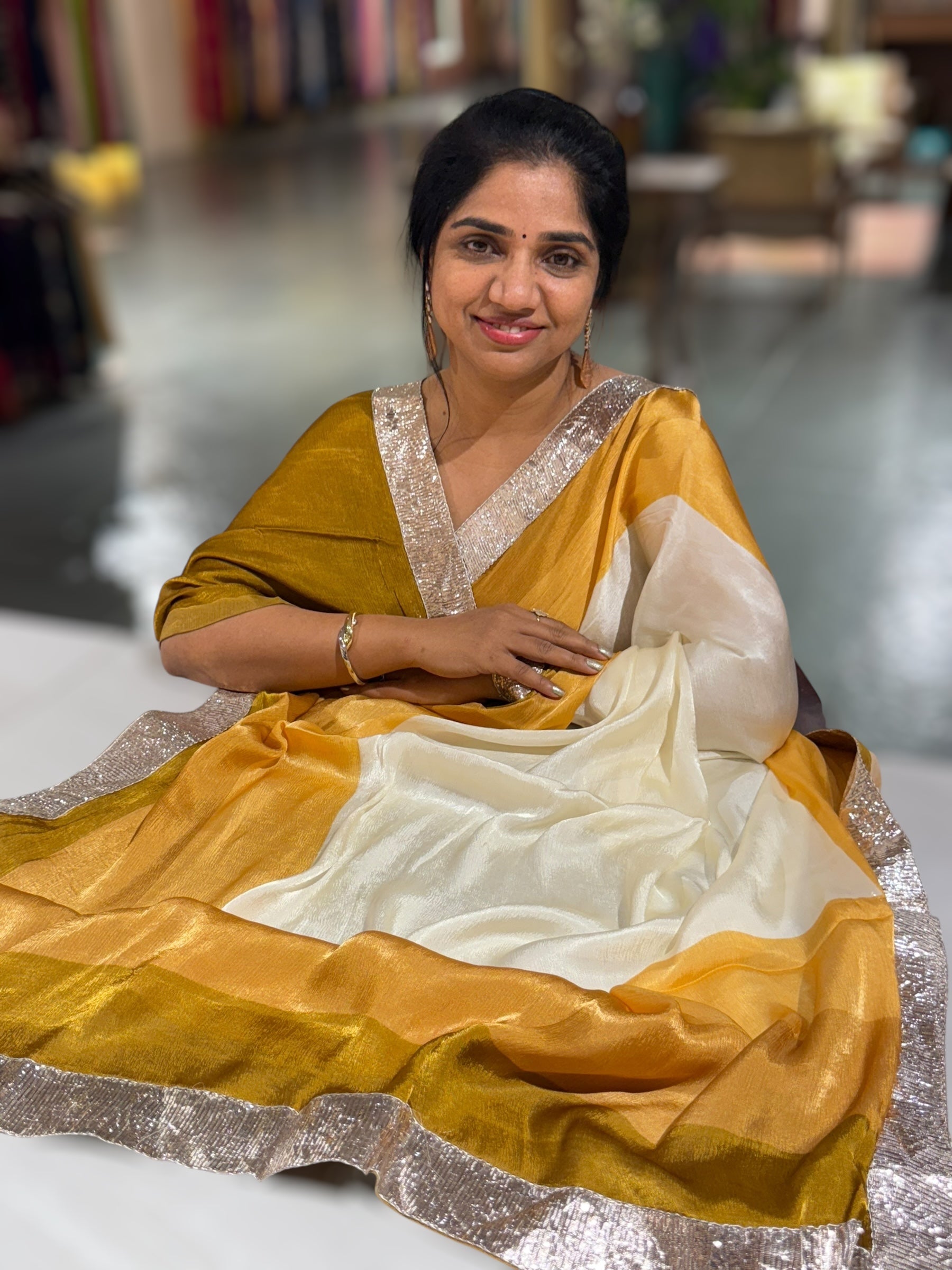 Ivory & mustard combo Chinnon Crepe Saree with Gotapatti Borders