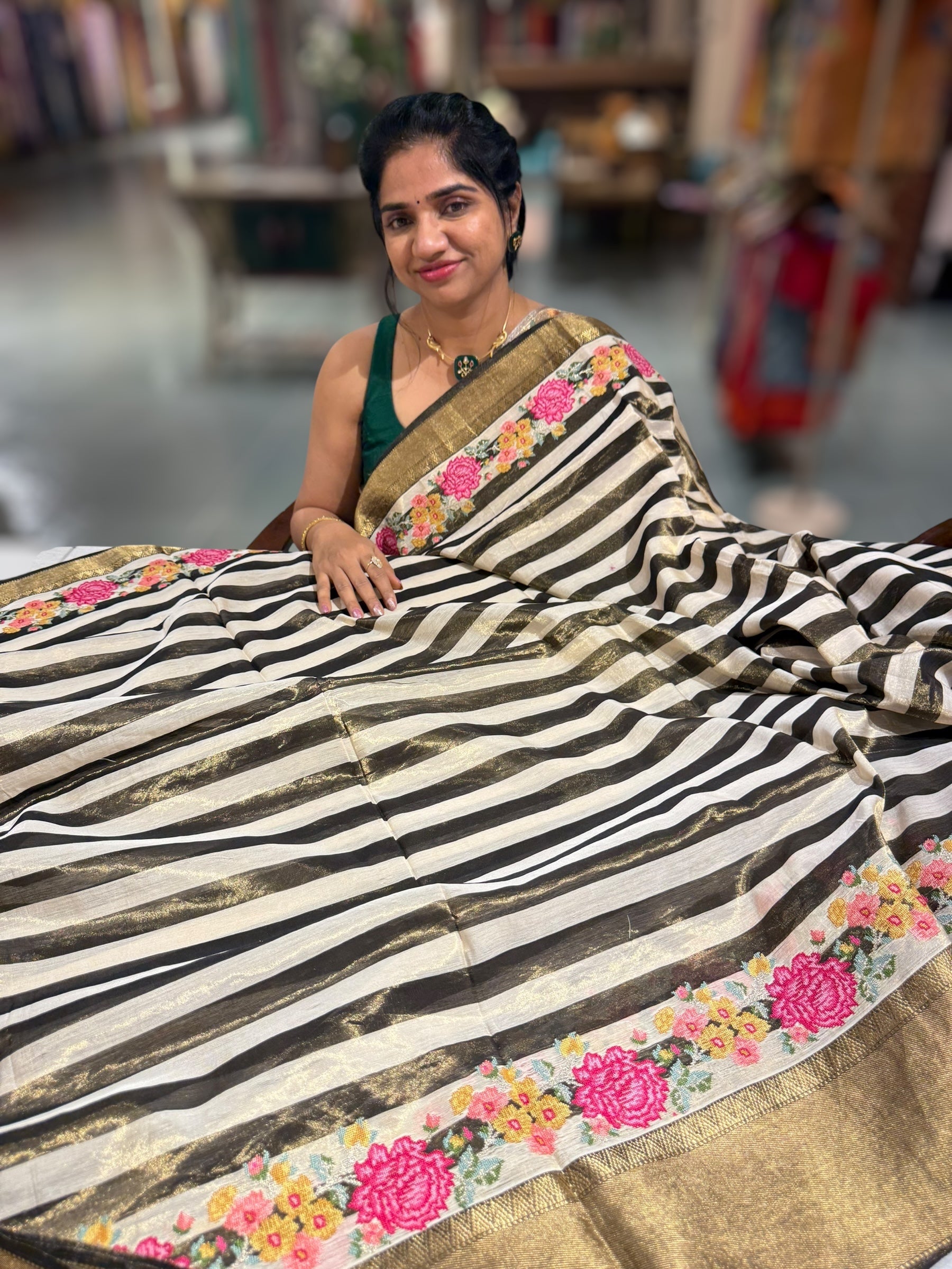 Chanderi Tissue Saree with petite point emb