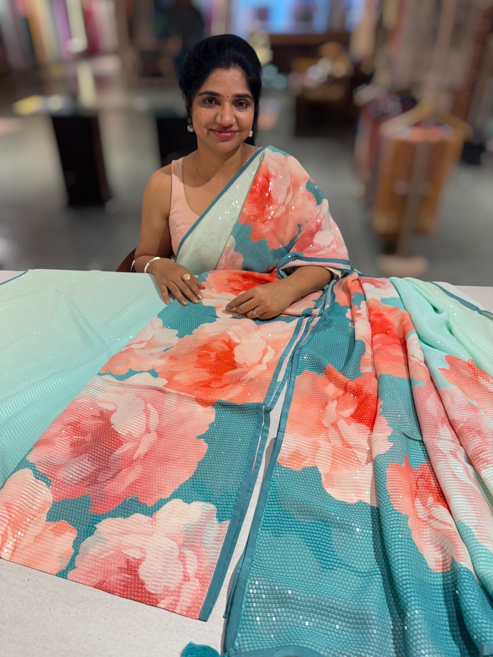 Pink & Blue shaded Georgette sequence Sarees with statement Floral print