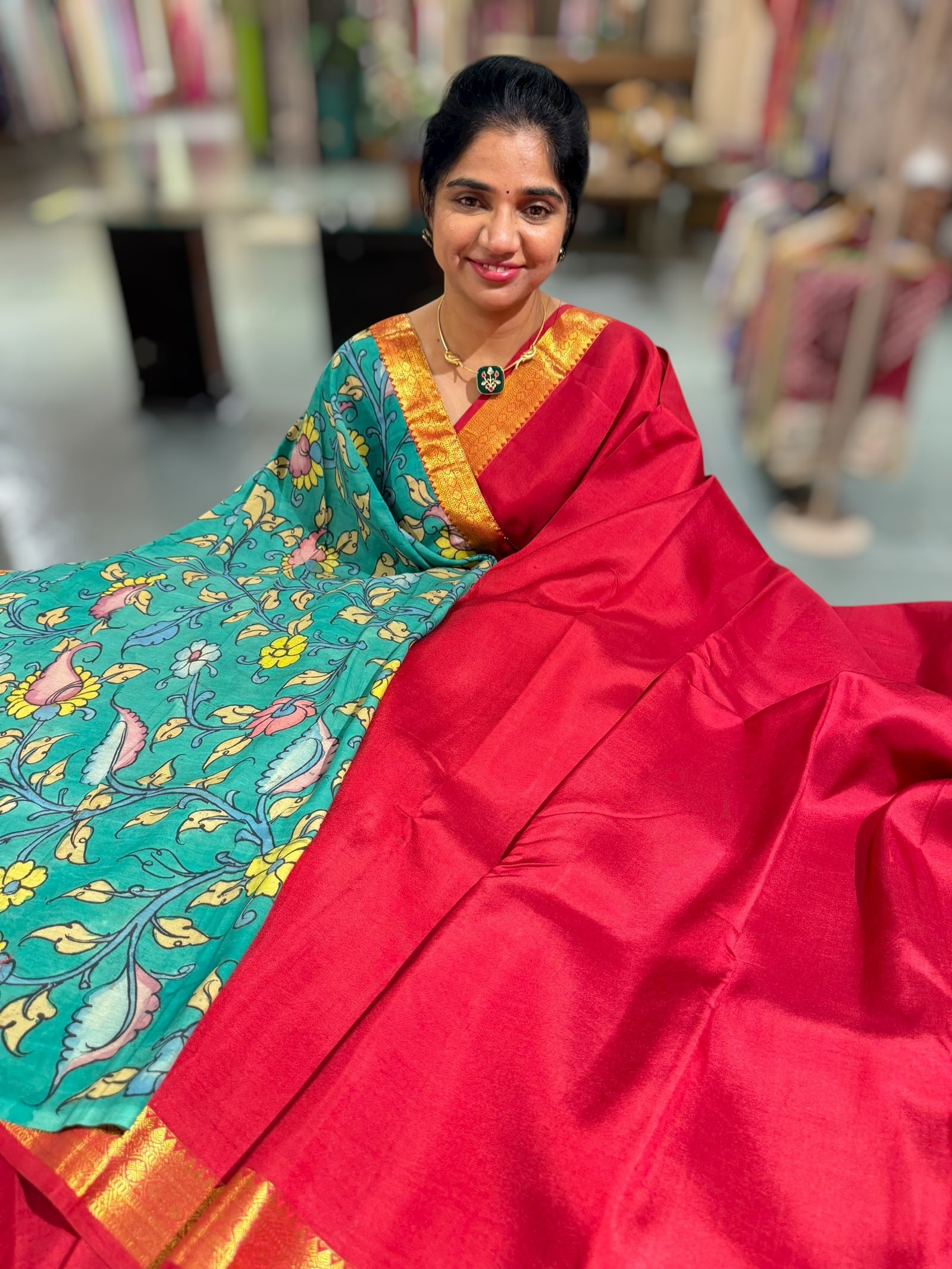 Maroon Red vintage Kanchipuram silk saree with pen kalamkari blouse