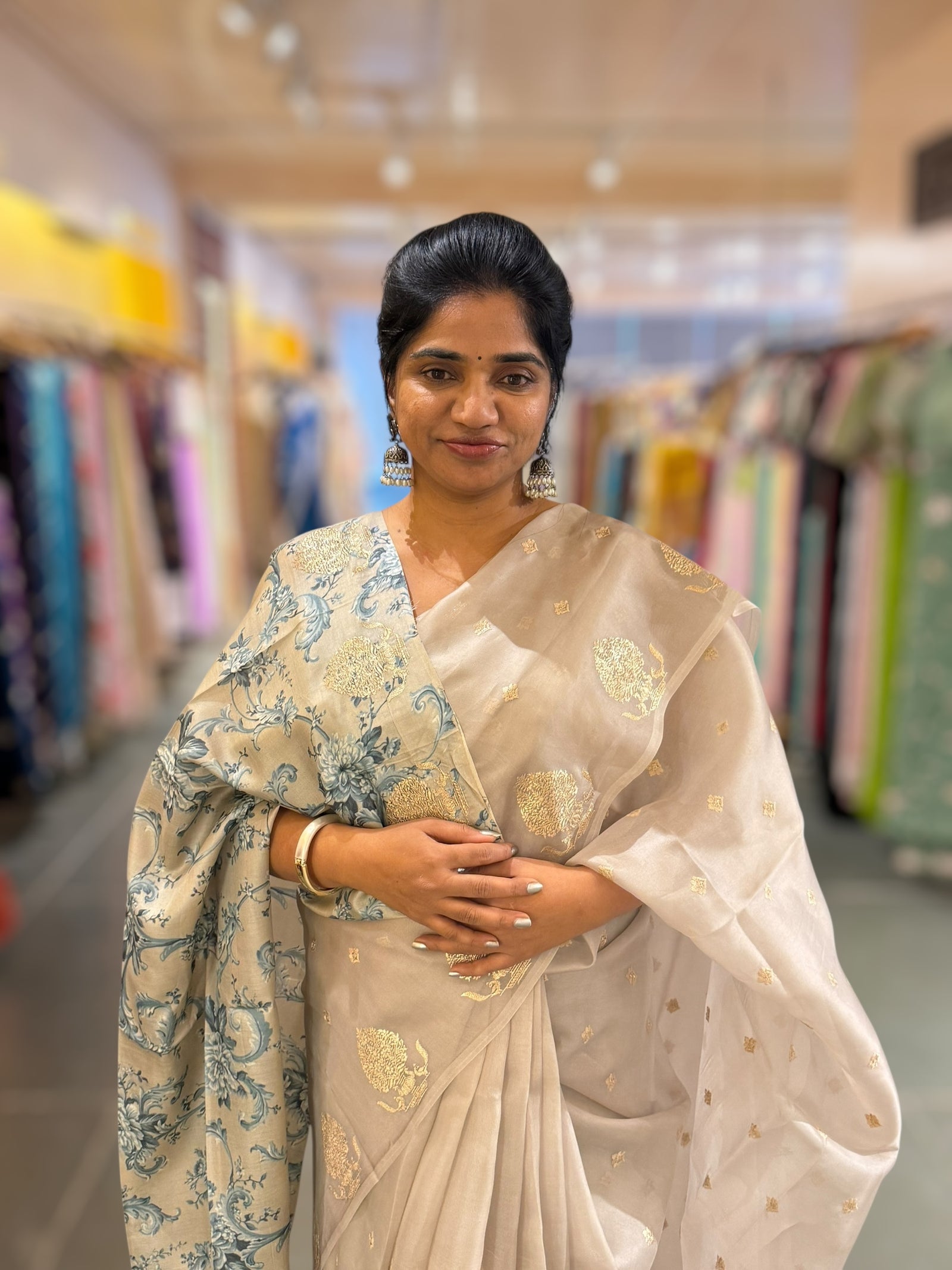 Silverish Tone Pure Organza Saree With Embroidered Motifs & Tussar Printed Blouse