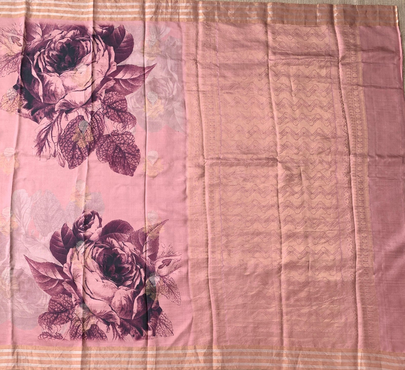 Onion Pink Printed Kanchi Soft Silk Saree with Bold Rose Flower Print.