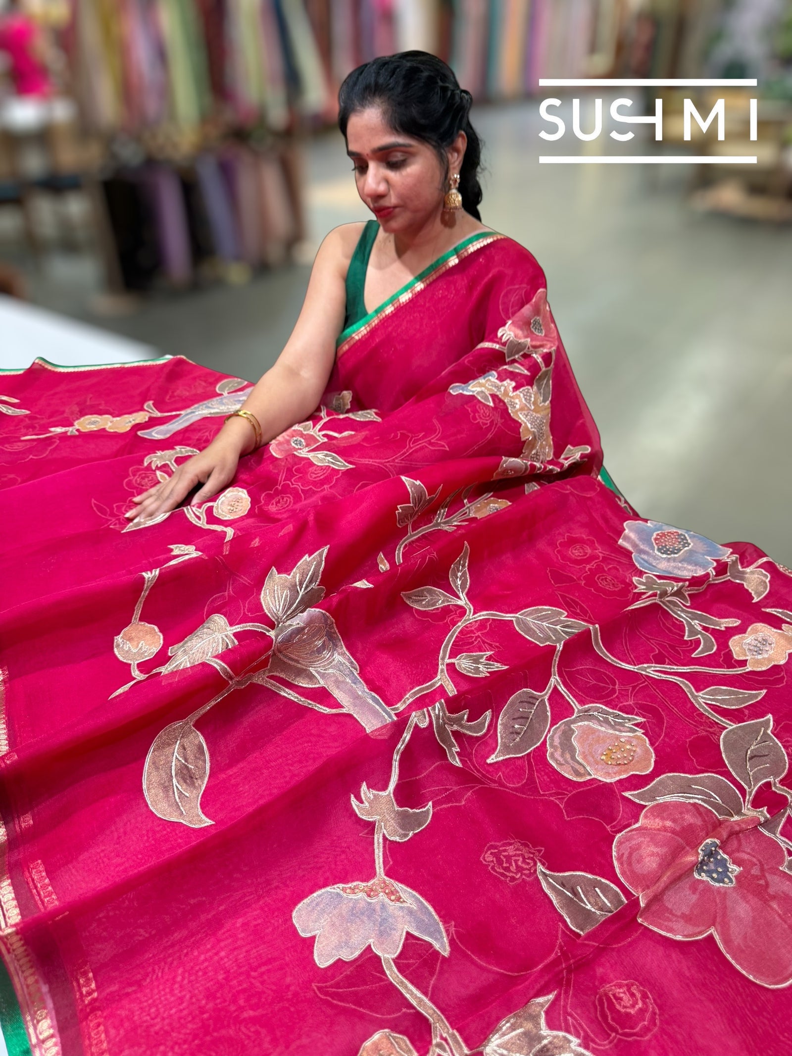 Ruby Pink Designer Organza with Tissue applique work : S62F093