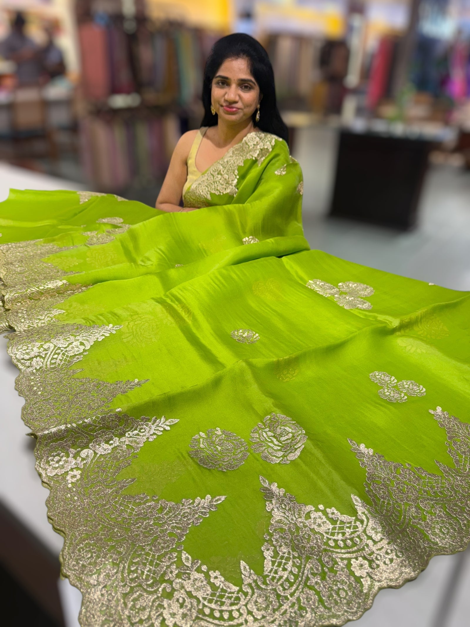 Neon Green Organza with chantilly Lace embroidery