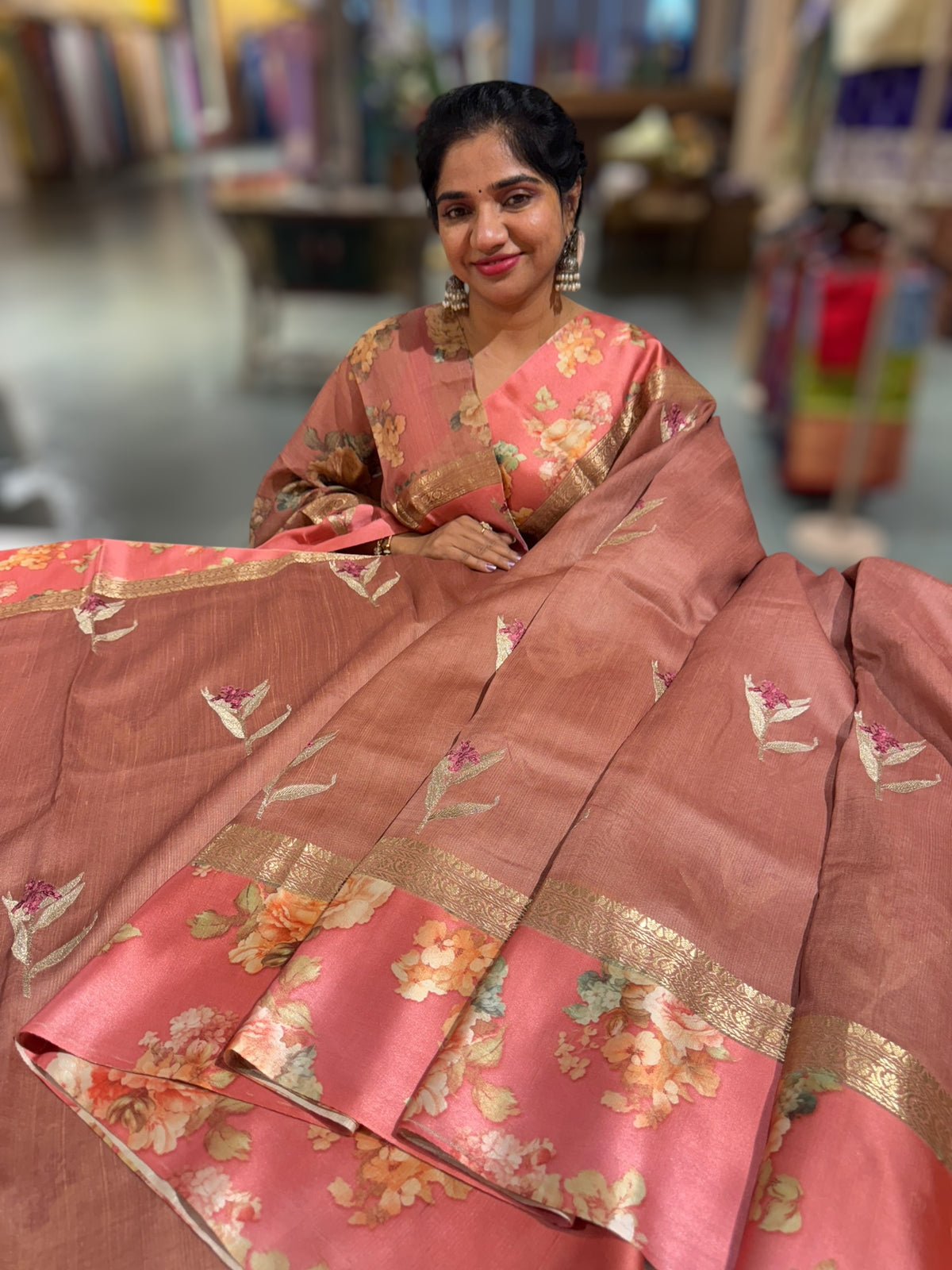 Dark Onion Pink Tussar Dhupion Saree with Floral printed mashru borders