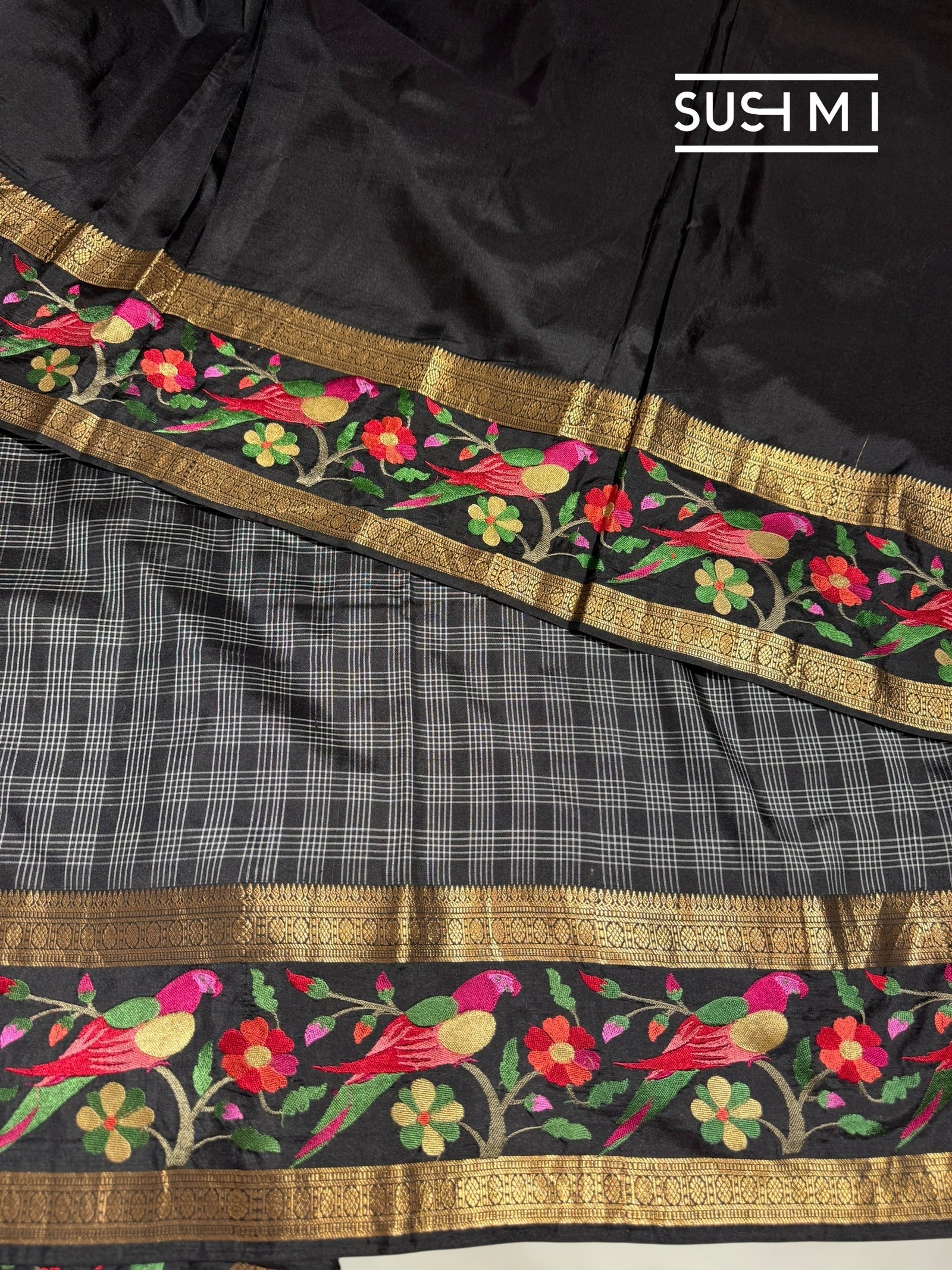 Black Vintage checks Kanjeevaram soft silk saree with embroidery D62F042