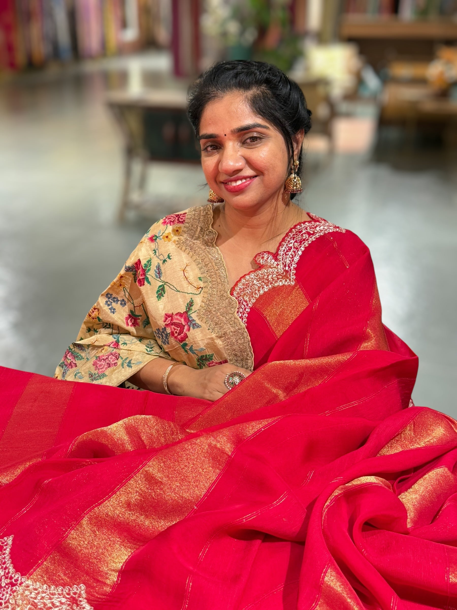 Red Organza and Tissue stripes Saree with Pita Embroidery
