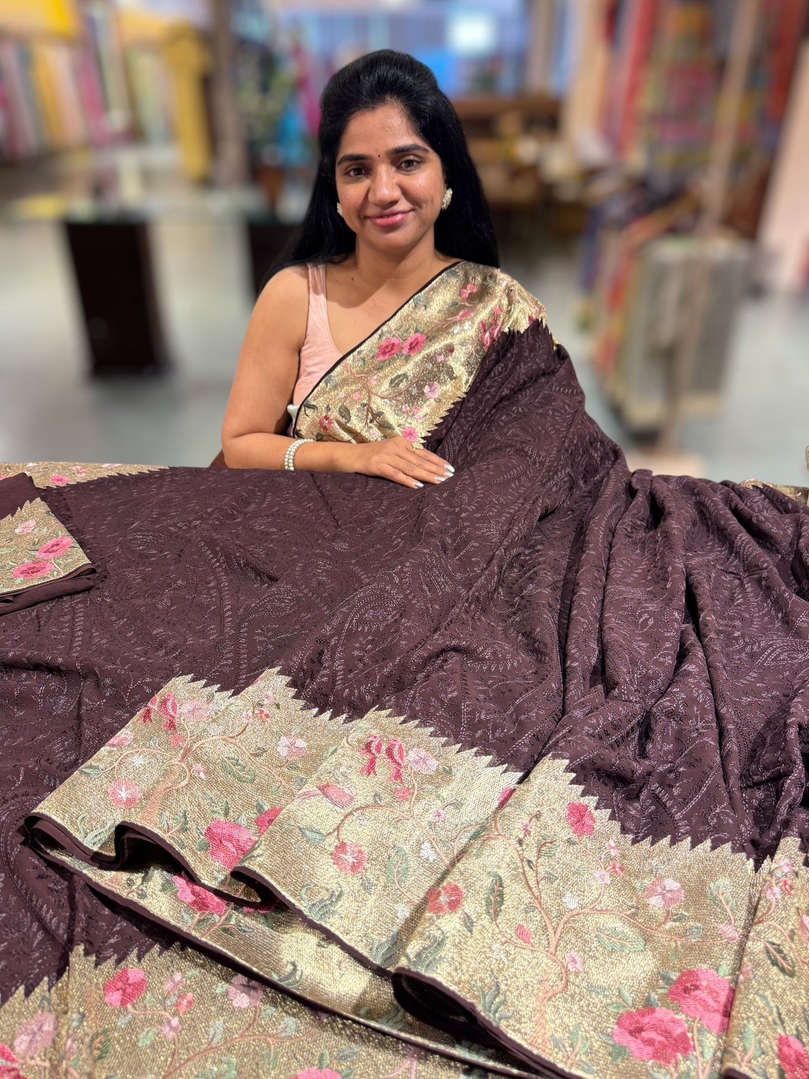 Brown Chikankari Georgette Saree with Tissue embroidered Border