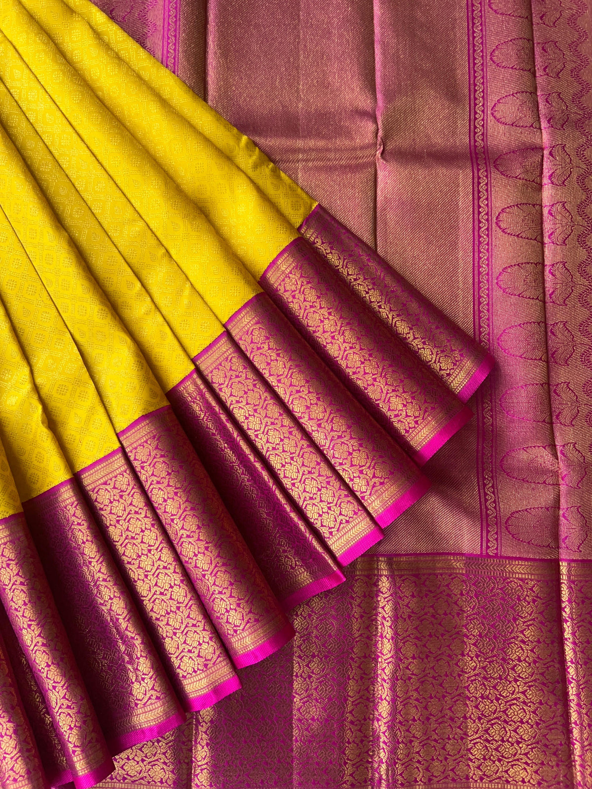 Yellow and Rani Pink Combo kanchi brocade designer kuttu border saree