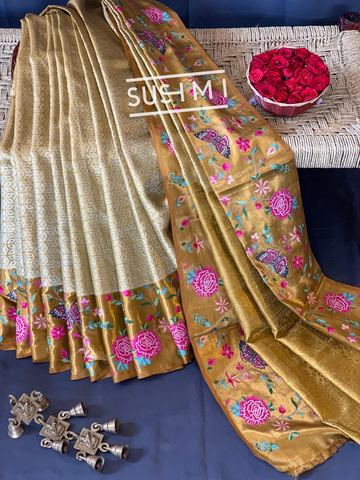 Gold Kanjeevaram Tissue Sareewith petite point embroidery : S62F085