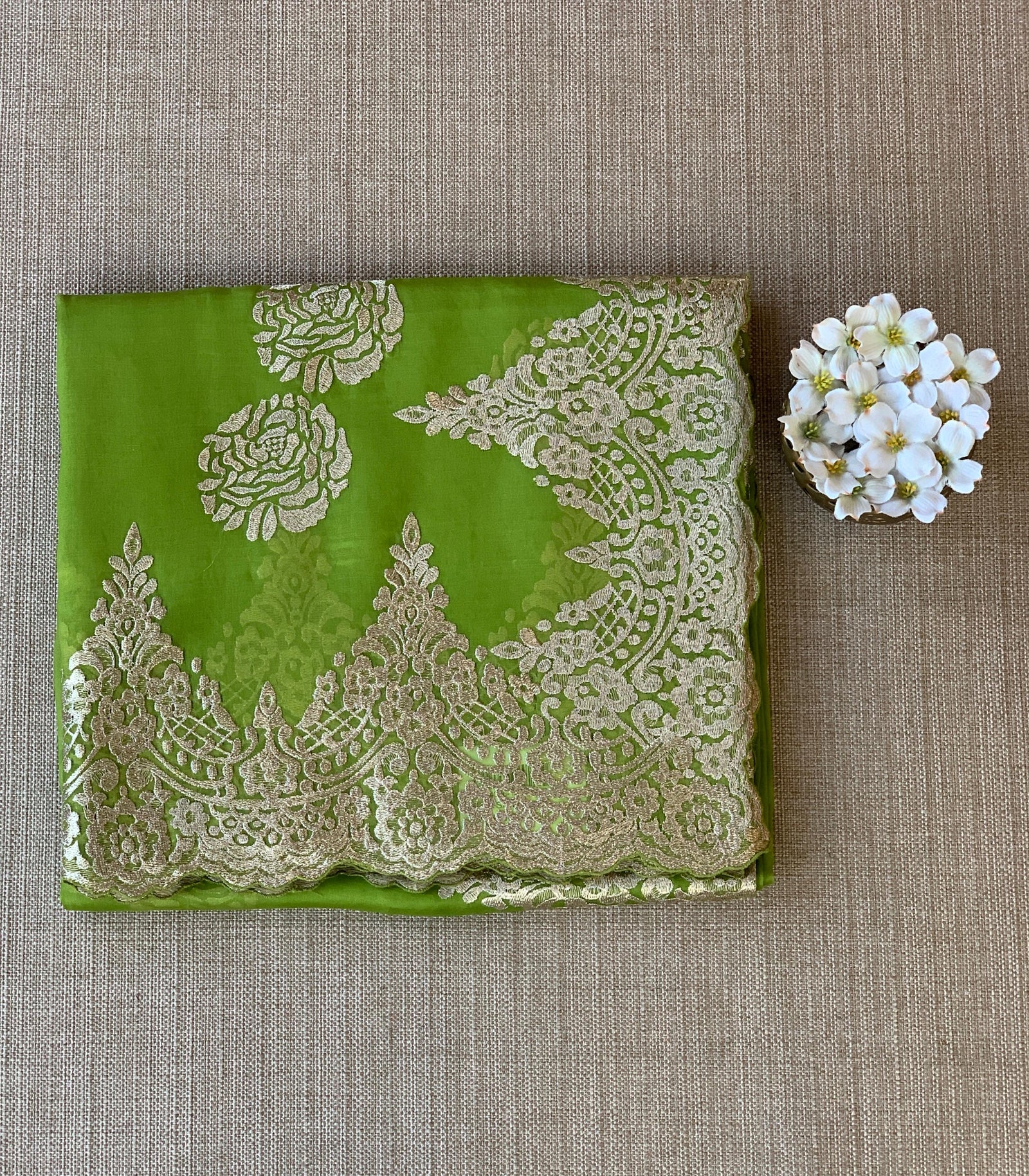 Neon Green Organza with chantilly Lace embroidery