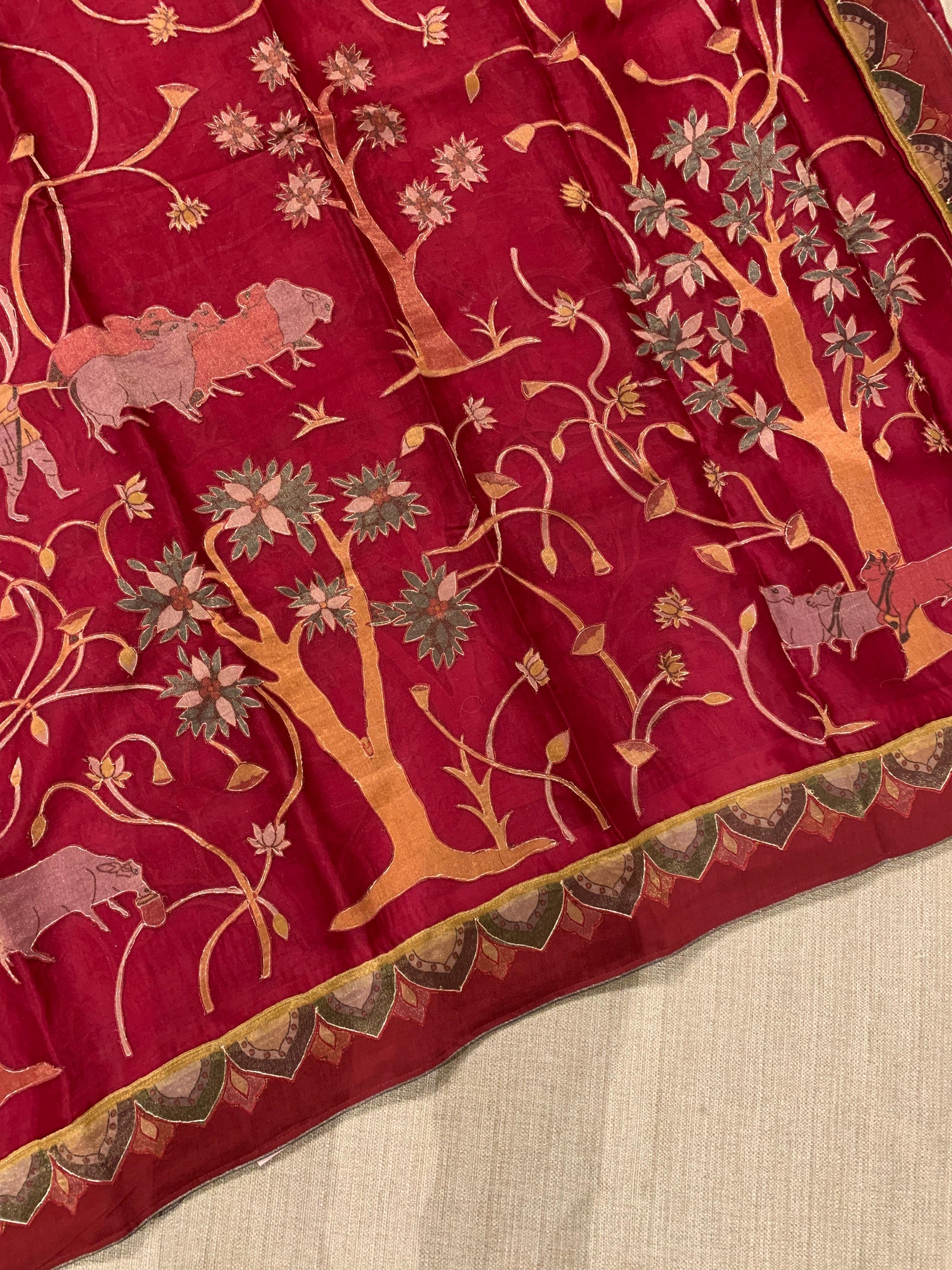 Dark Red Designer Organza Saree with Stunning Tissue Applique work Saree with Village theme