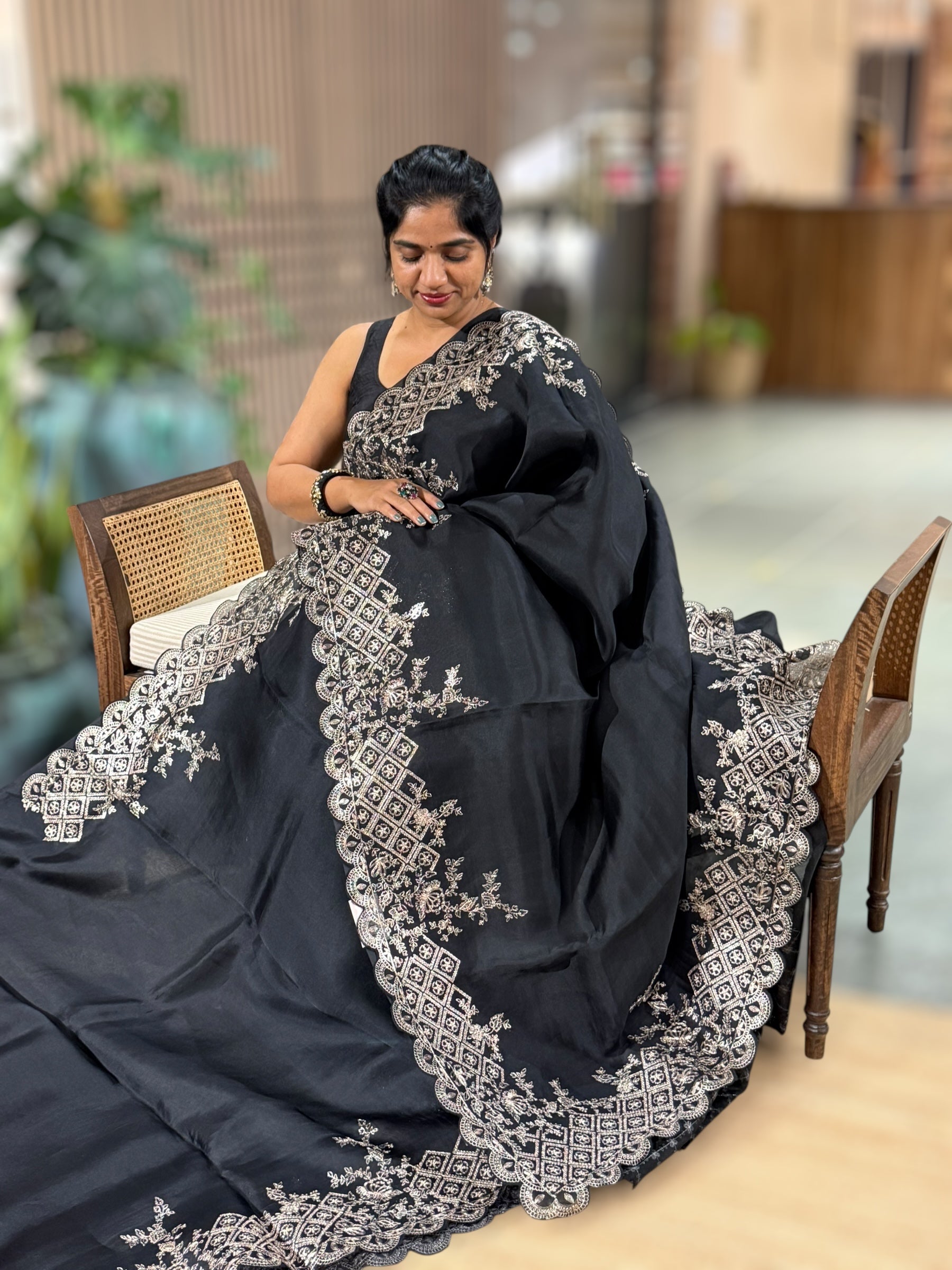 Black Organza Saree With Pita Embroidery
