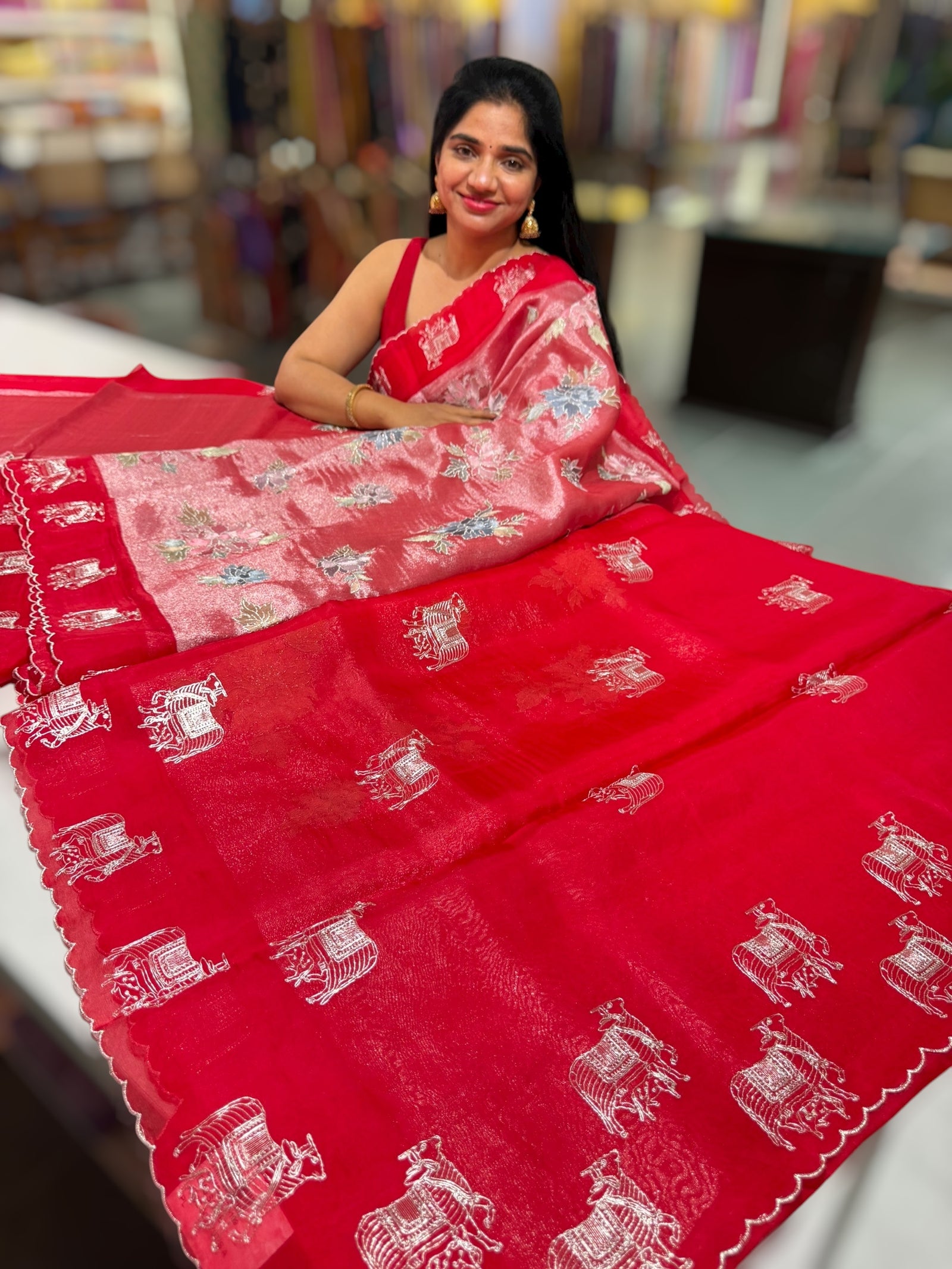 Red Premium Handloom Designer Tissue saree with exquisite embroidery