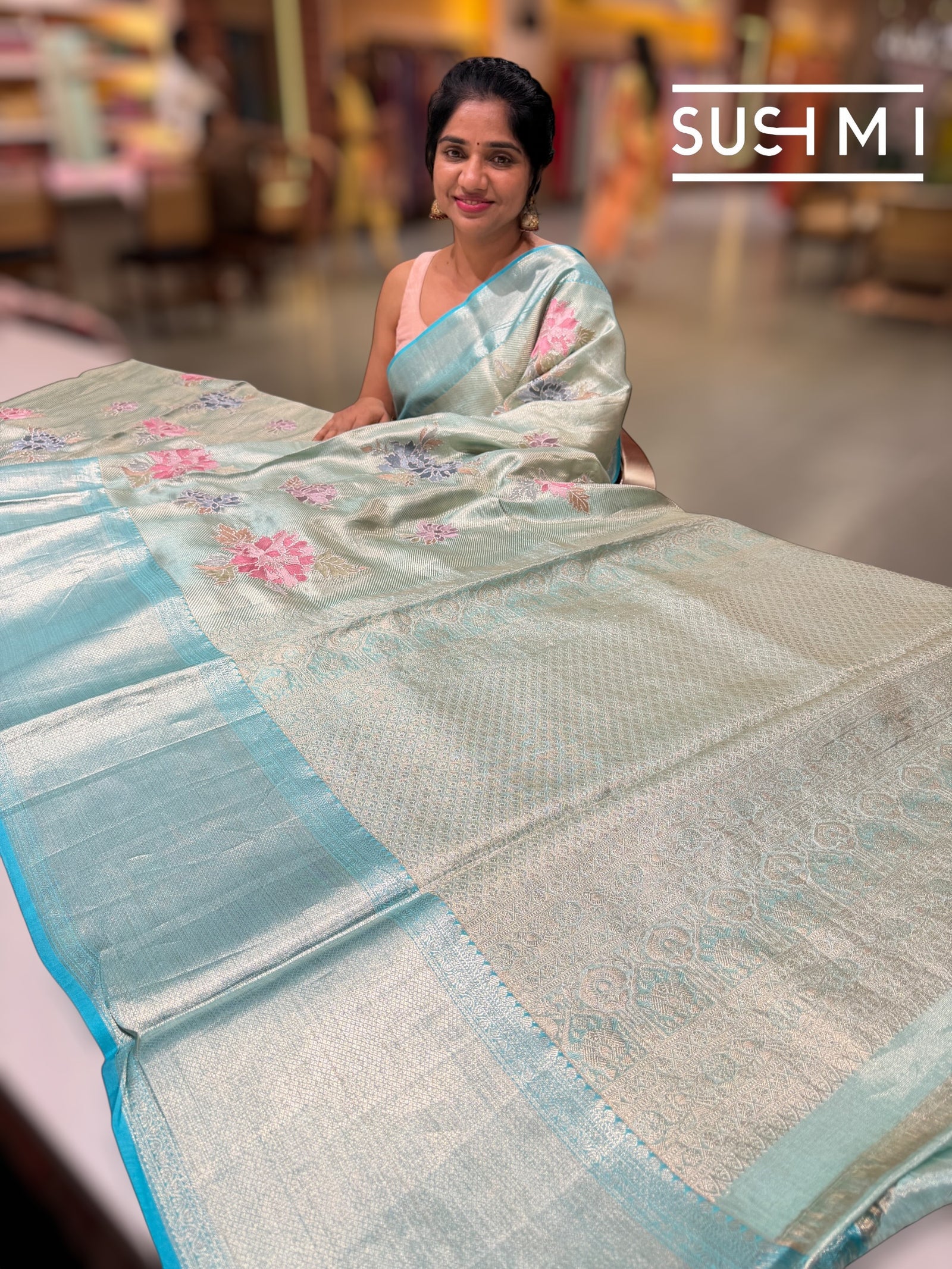 Mint Blue  Kanchi Tissue Saree with embroidery: S62F228