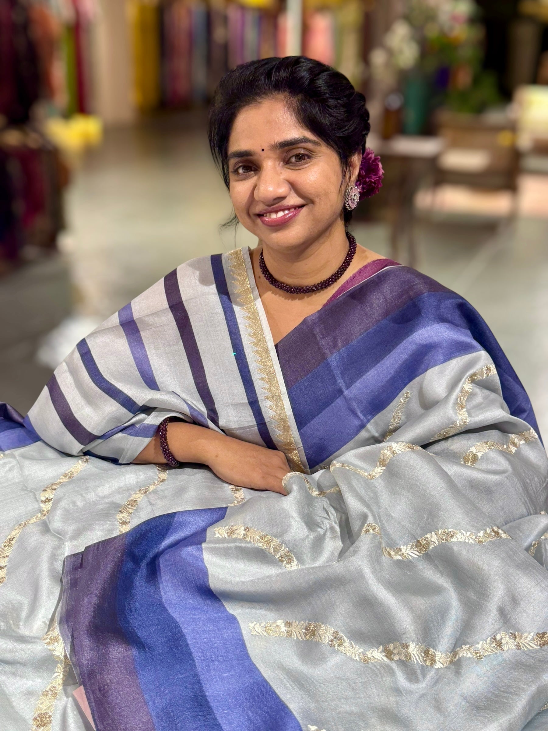 Powder Blue Embroidered Tussar Saree