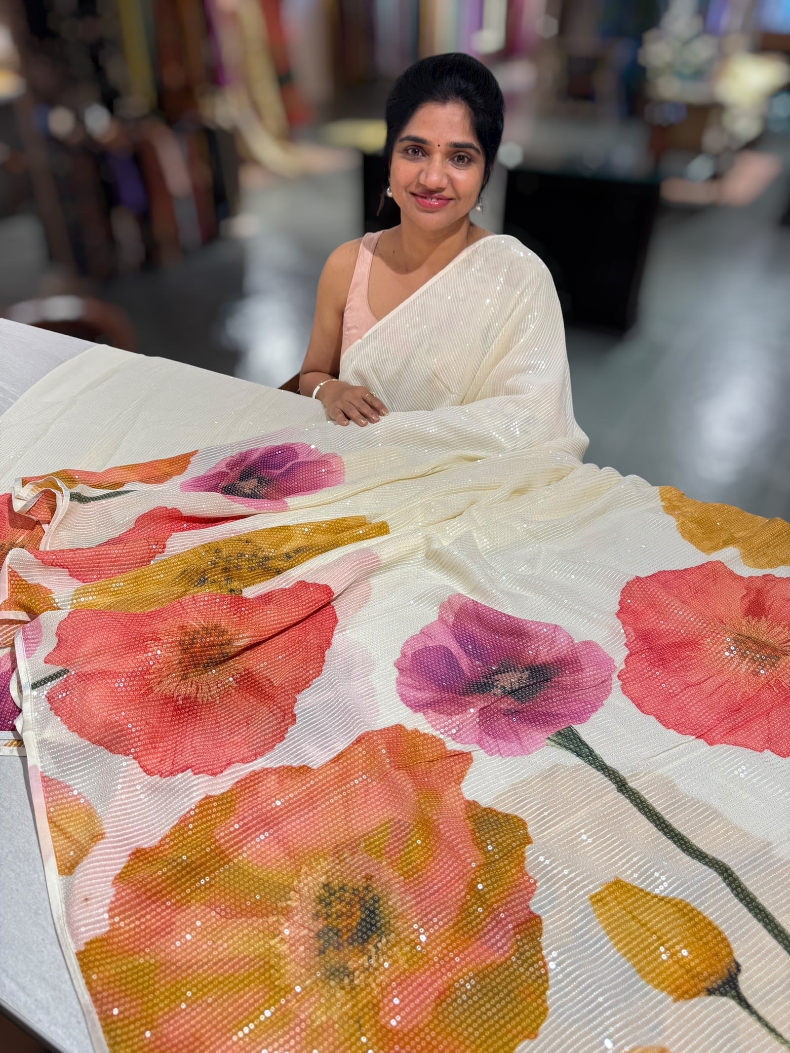 Ivory Georgette sequence Sarees with statement Floral print