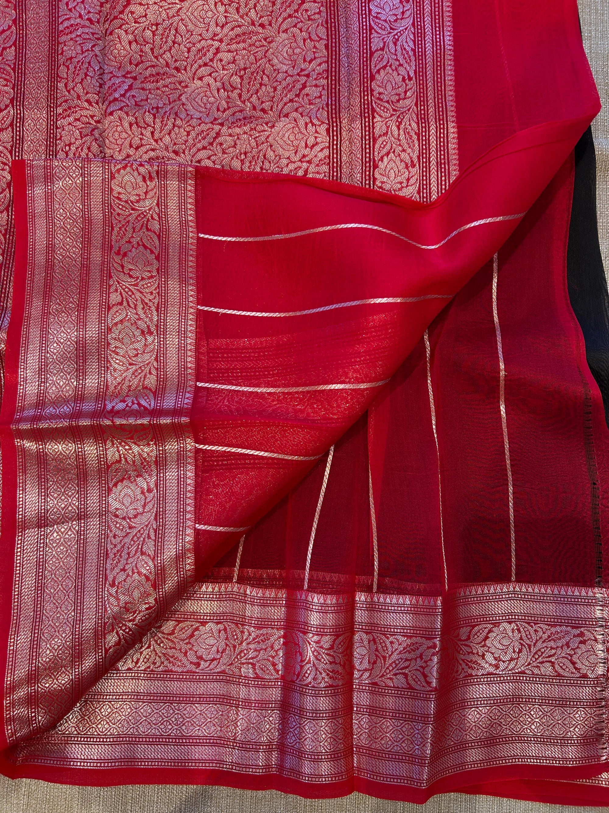 Black and Red Combo Pure Handloom premium Kora Banarasi Saree