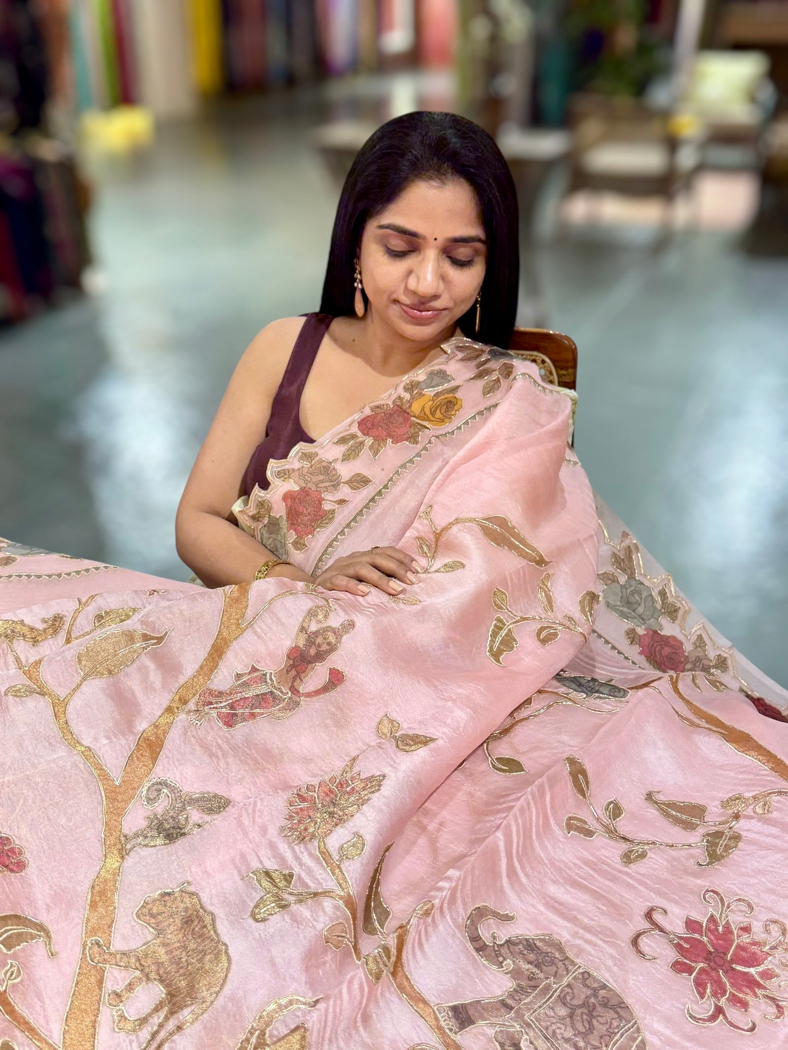 Blush Pink Pure Organza Applique Work Saree