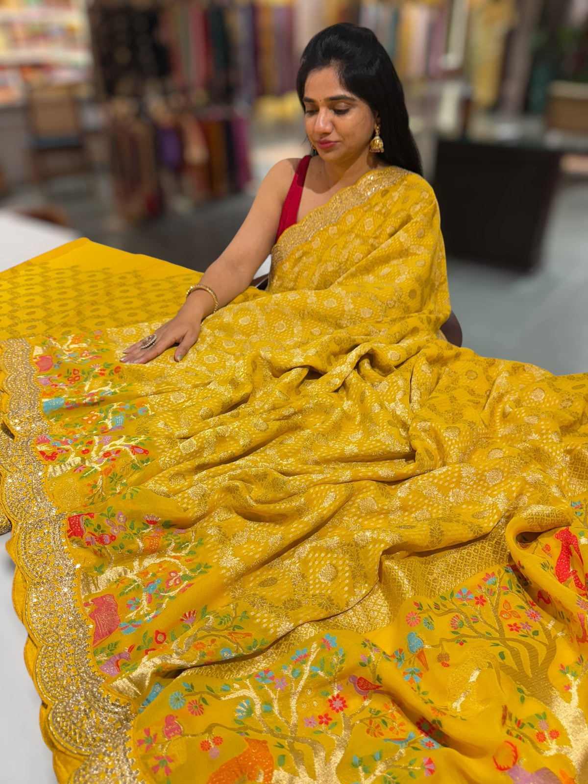 Yellow Bandhini Georgette Saree with sabya style scallop border