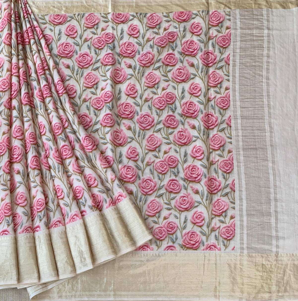 Halfwhite Pure Handloom Chiniya Silk Saree with stunning 3DRose Floral Print and zari borders