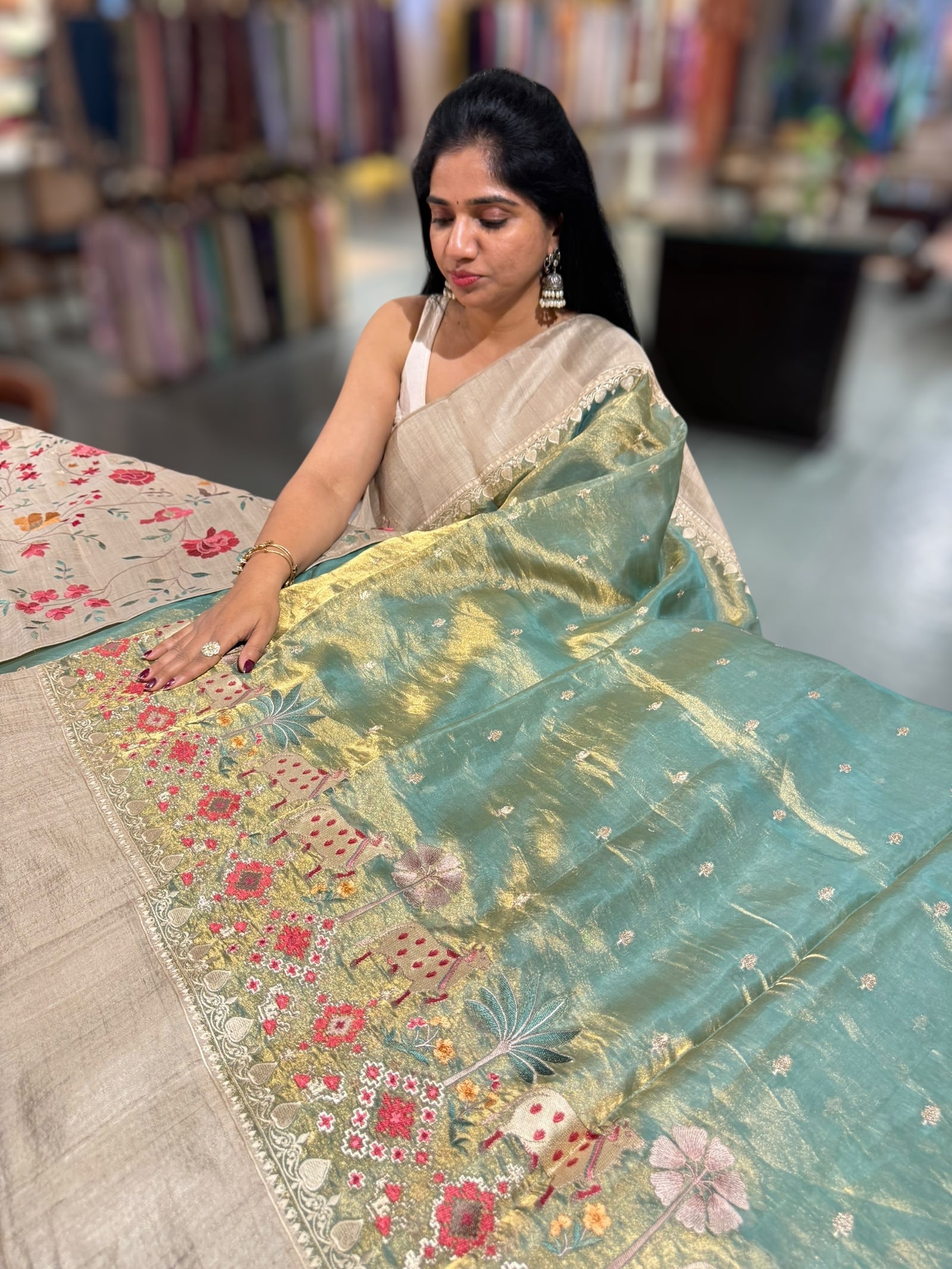Mint Green Designer Tissue Saree