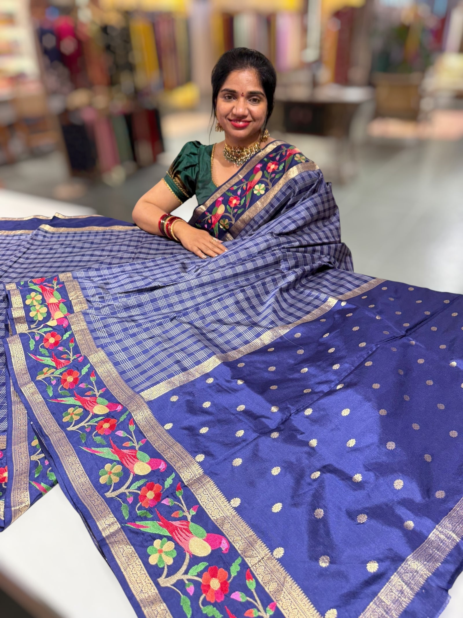 Navy Kanchi Vintage Checks soft silk Saree with paithani inspired embroidered border