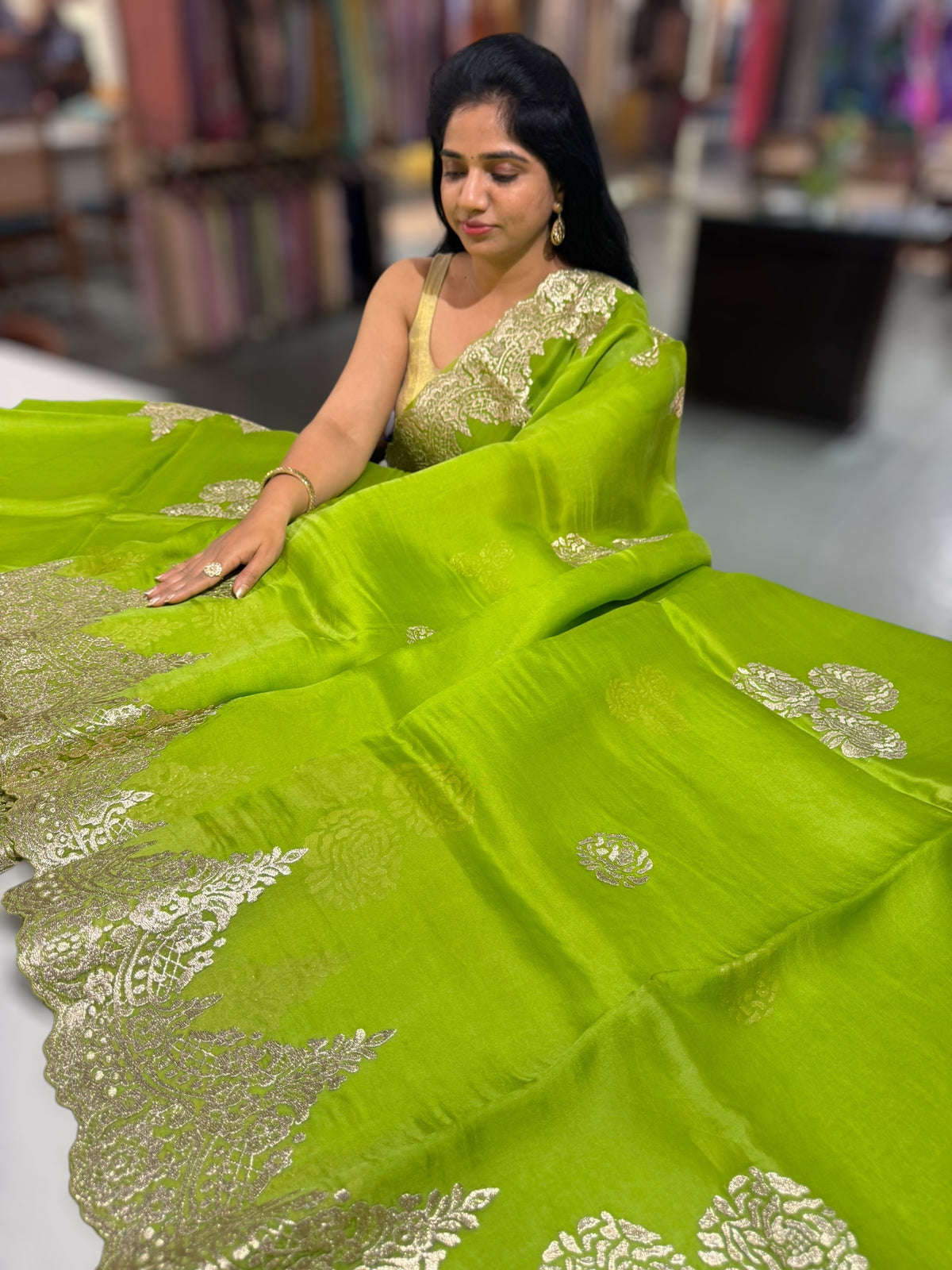 Neon Green Organza with chantilly Lace embroidery