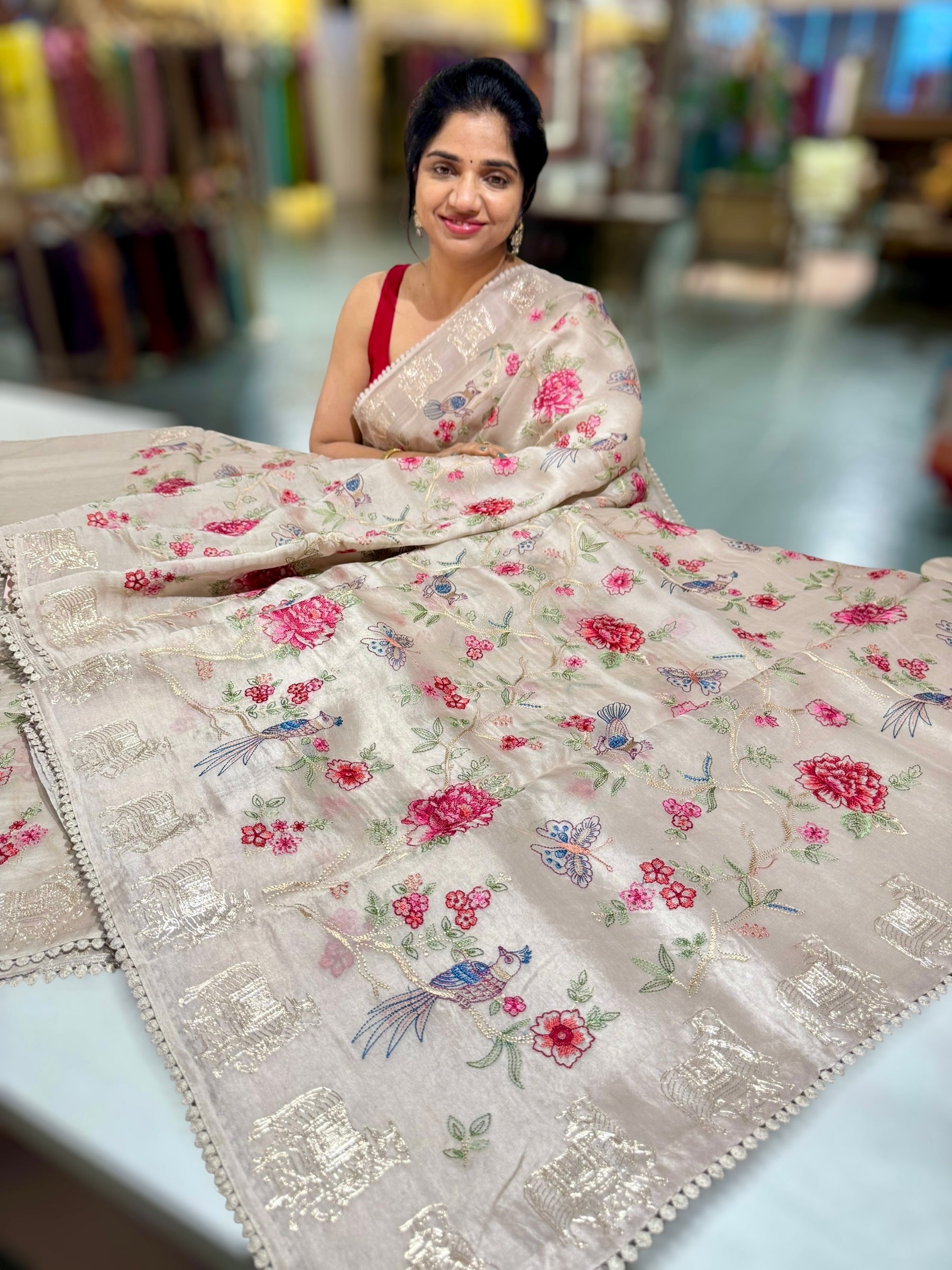 Taupe Organza Saree with Allover floral Embroidery