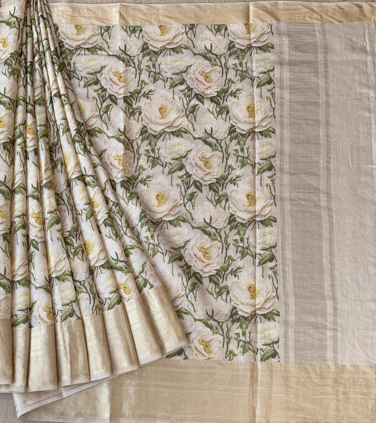 Ivory Pure Handloom Chiniya Silk Saree with stunning 3D Floral Print and zari borders
