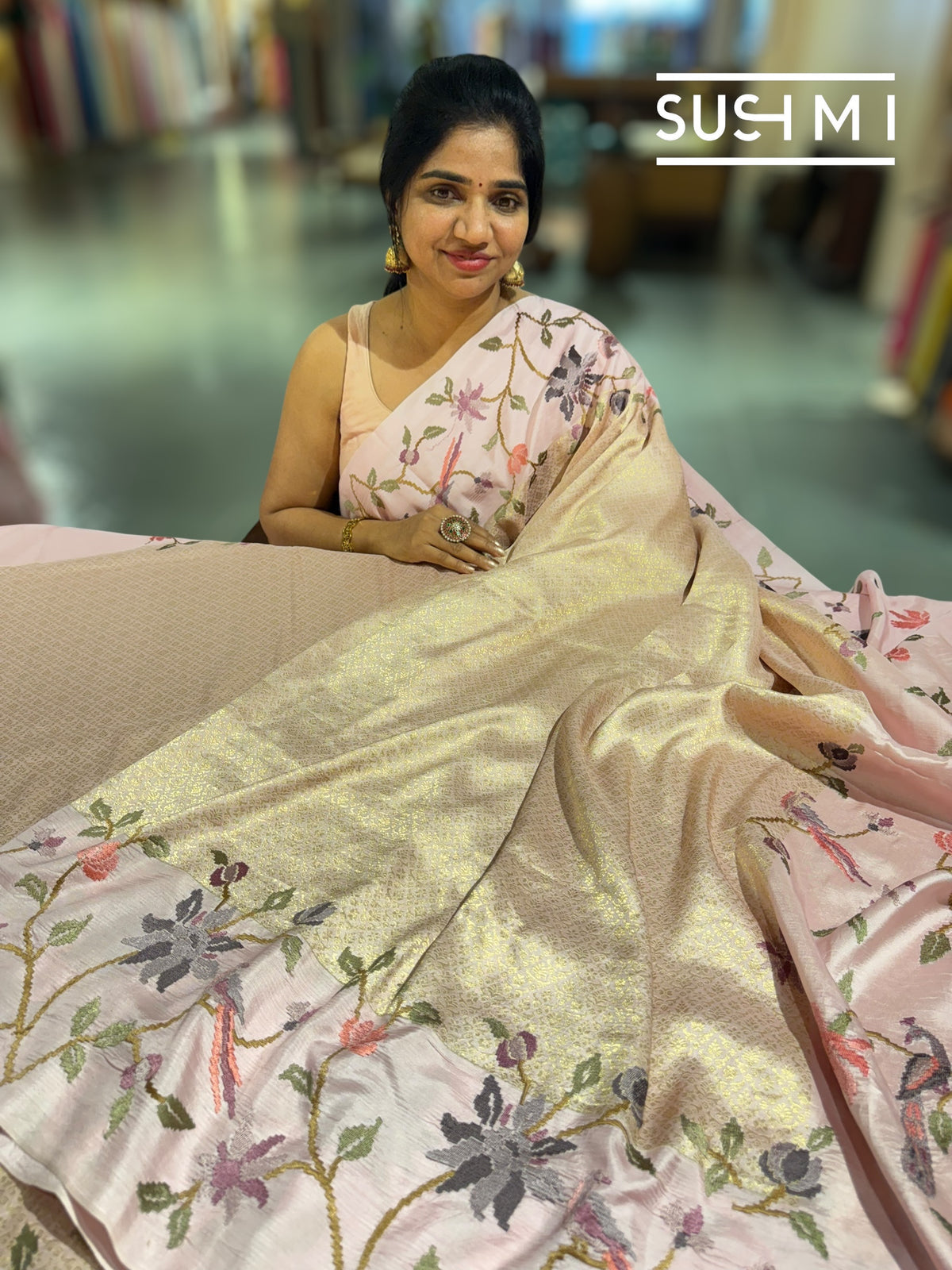Pastel Pink Brocade Kanjeevaram with embroidery D62F037