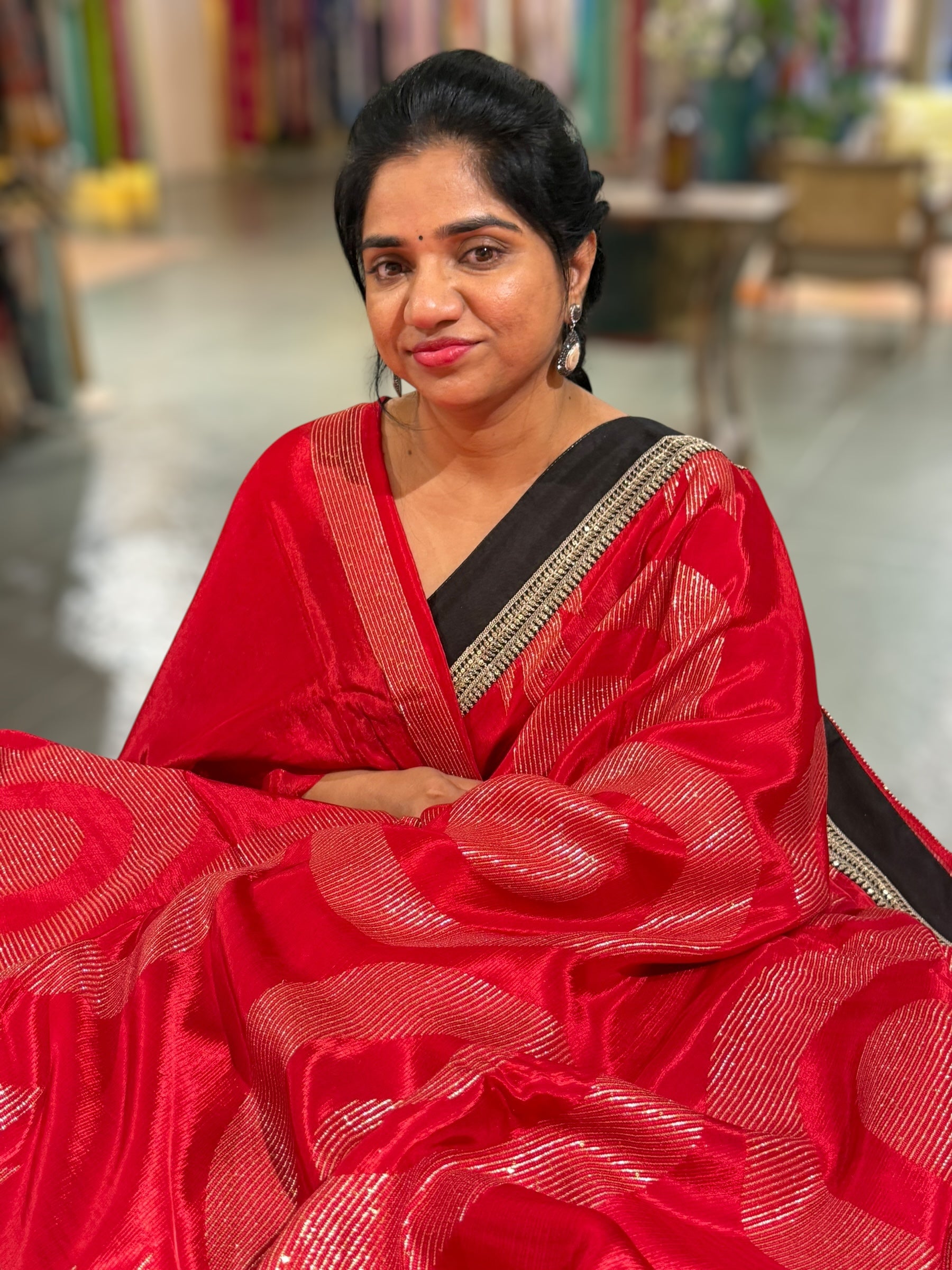 Red Crepe Silk Polka dot Saree with sabhyasachi Borders & Blouse