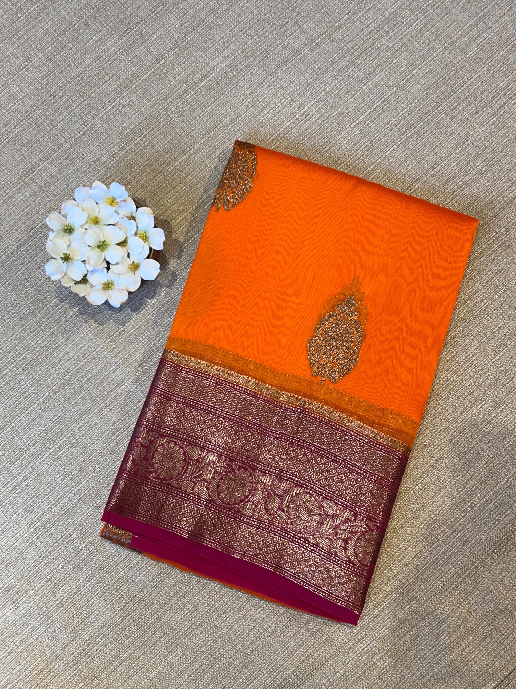 Orange & Ruby Pink Pure Handloom Kora Banarasi Saree