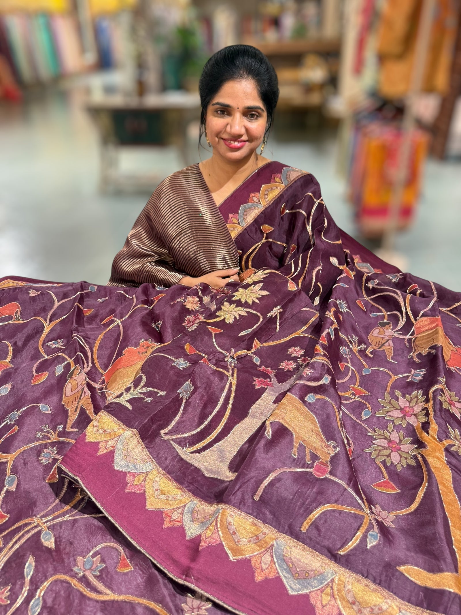 Wine Designer Organza Saree with Stunning Tissue Applique work Saree with Village theme