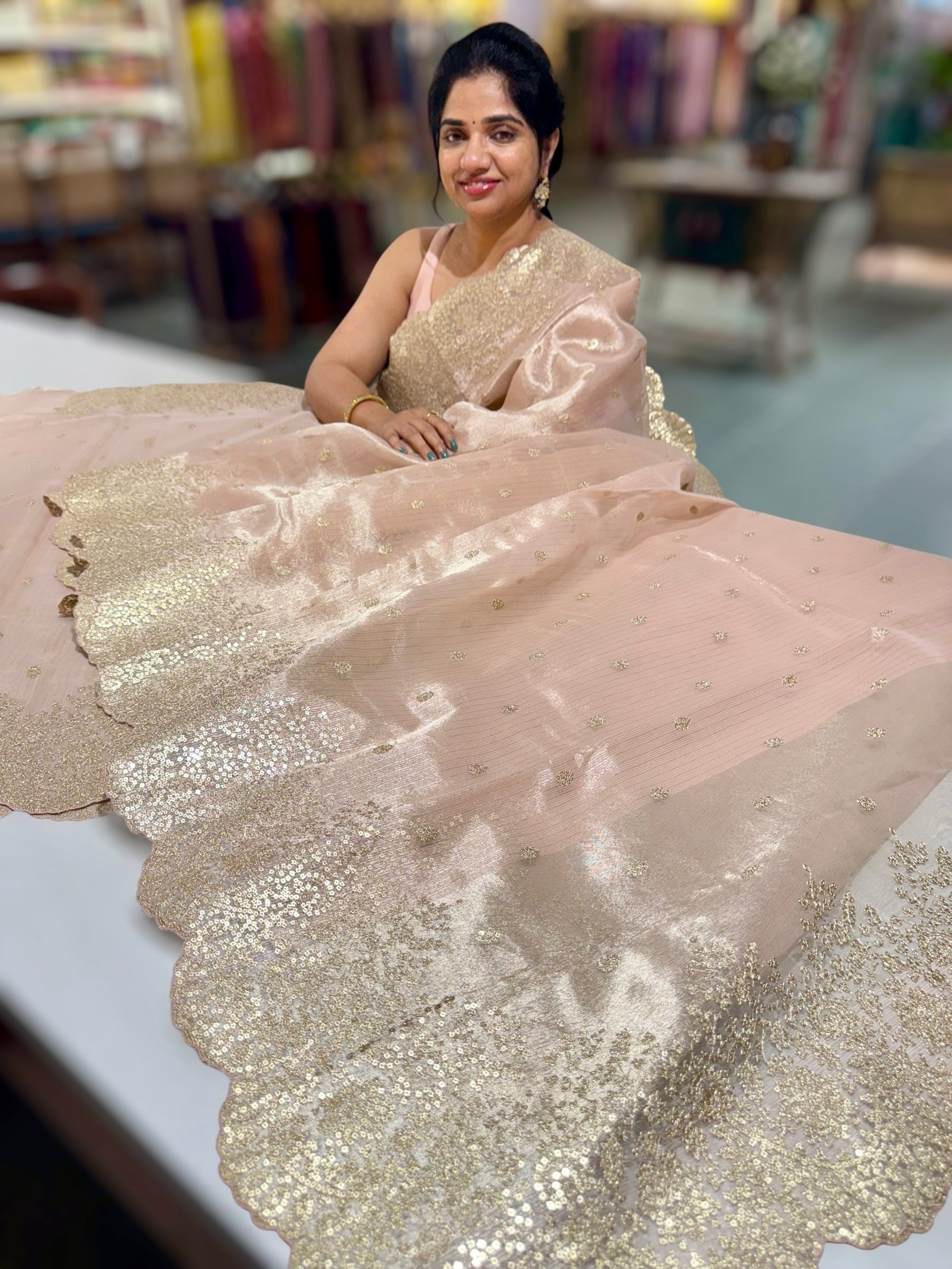 Pastel Pink Tissue Saree with Heavy Sequence Embroidered Scallop Border