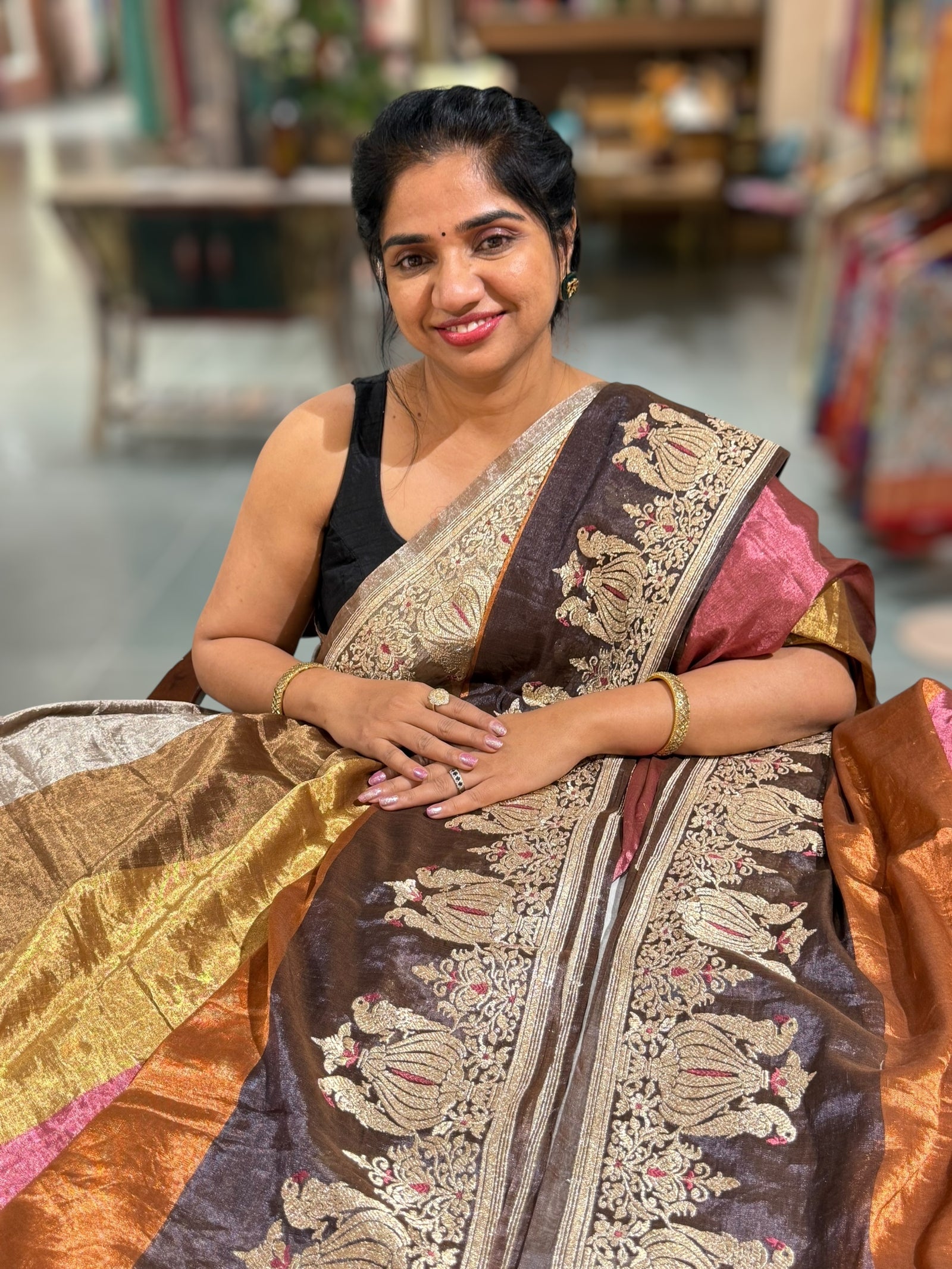 Multi color chanderi Tissue saree with peacock embroidered border