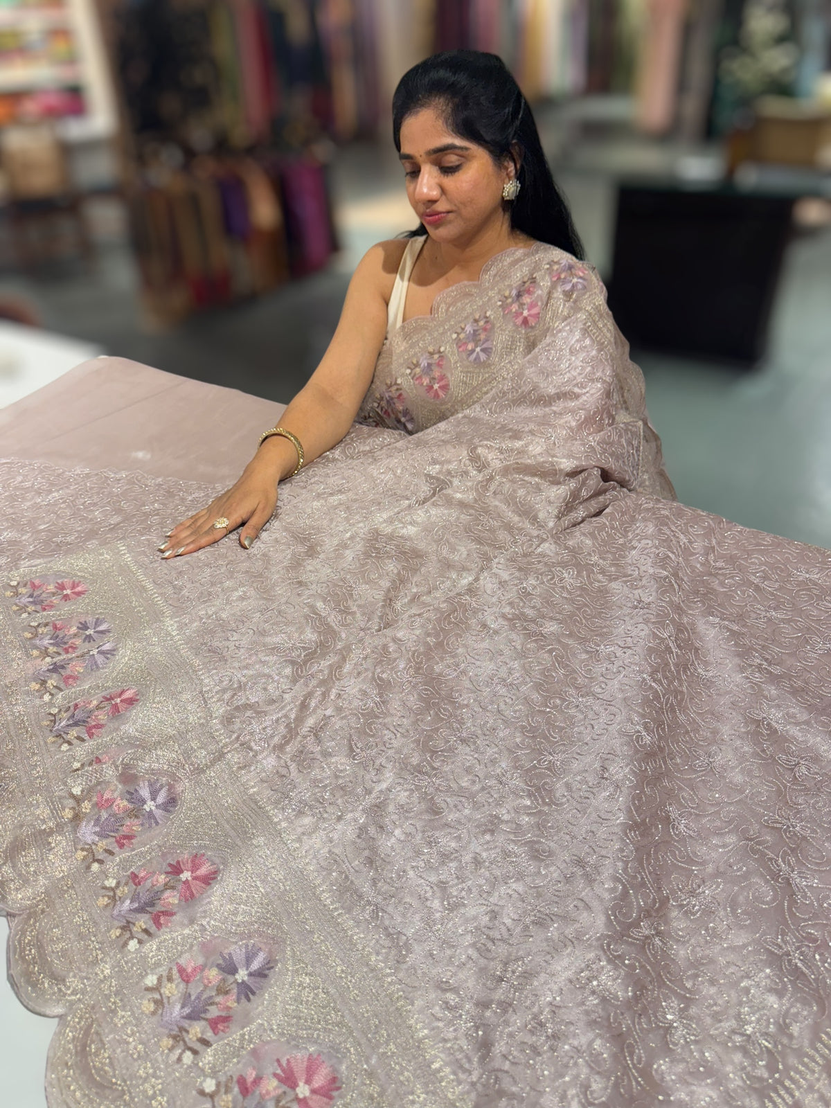 Dusty mauve Glass Organza Saree with allover embroidery