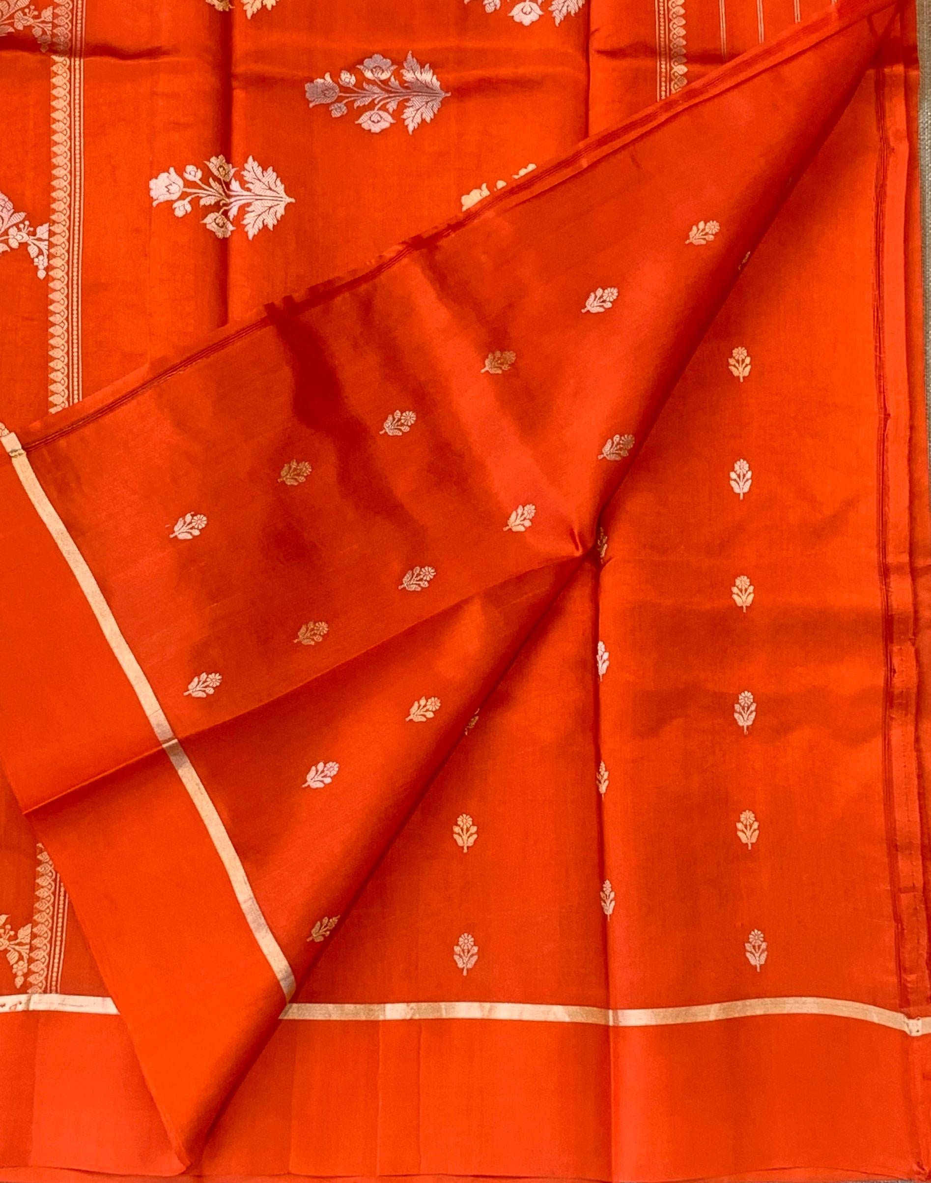Orange Raw Mangoe Silk Saree in half and half style